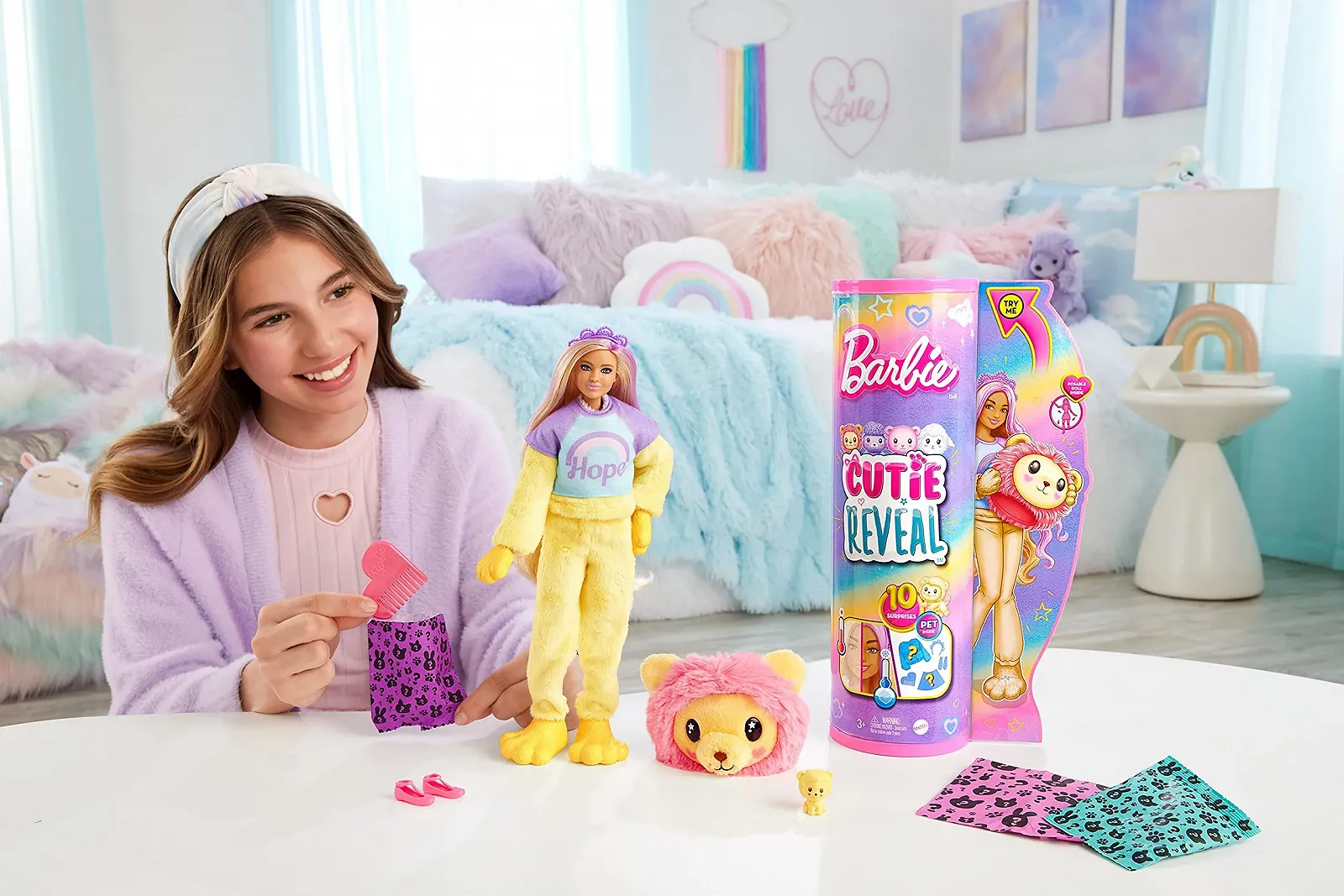 Лялька Barbie Cutie Reveal HKR06 Плюшевий Лев з 10 сюрпризами, рухлива з аксесуарами, включає міні-пета і флісову куртку, для дітей від 3 років, фото №2 Лялька Barbie Cutie Reveal HKR06 Плюшевий Лев з 10 сюрпризами, рухлива з аксесуарами, включає міні-пета і флісову куртку, для дітей від 3 років, фото №2