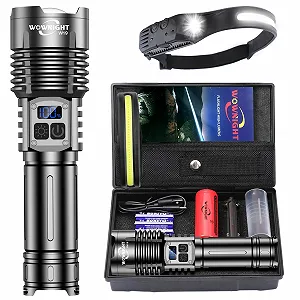 Ліхтар LED Акумуляторний 500 000 люмен, 2 перемикачі USB C, тактичний, плавне регулювання яскравості з налобним ліхтарем для надзвичайних ситуацій на відкритому повітрі - Фото 1