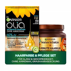 Фарба для волосся Garnier Olia 110 Cool Ash Blonde, стійка + Засіб для відновлення волосся True Treasures (340 мл) | Без аміаку | З натуральними оліями та акацієвим медом для блиску та гладкості - Фото 1