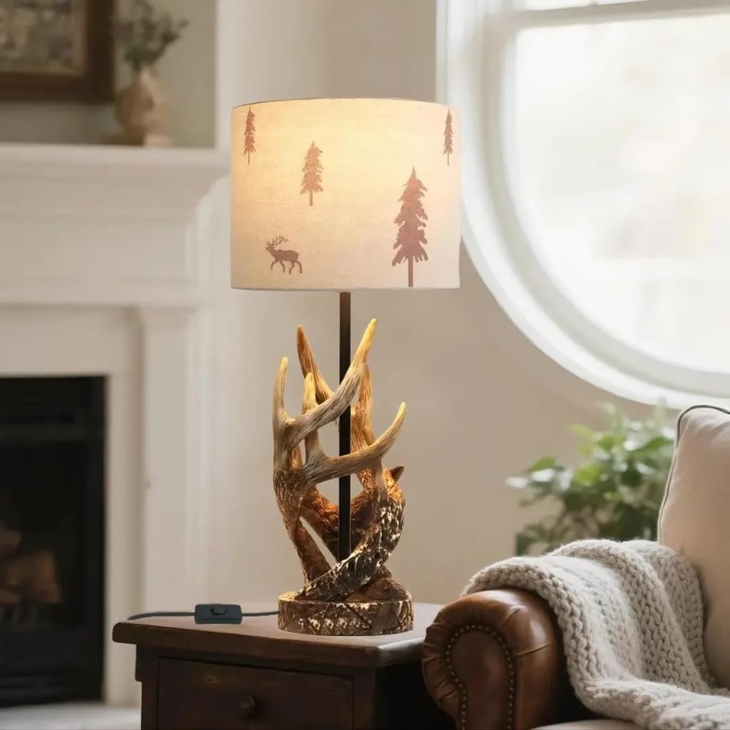 Настільна лампа зі смоли в рустикальному стилі тканинний абажур з мотивом оленя та дерева основа у вигляді рогів коричнева бежева, фото №7