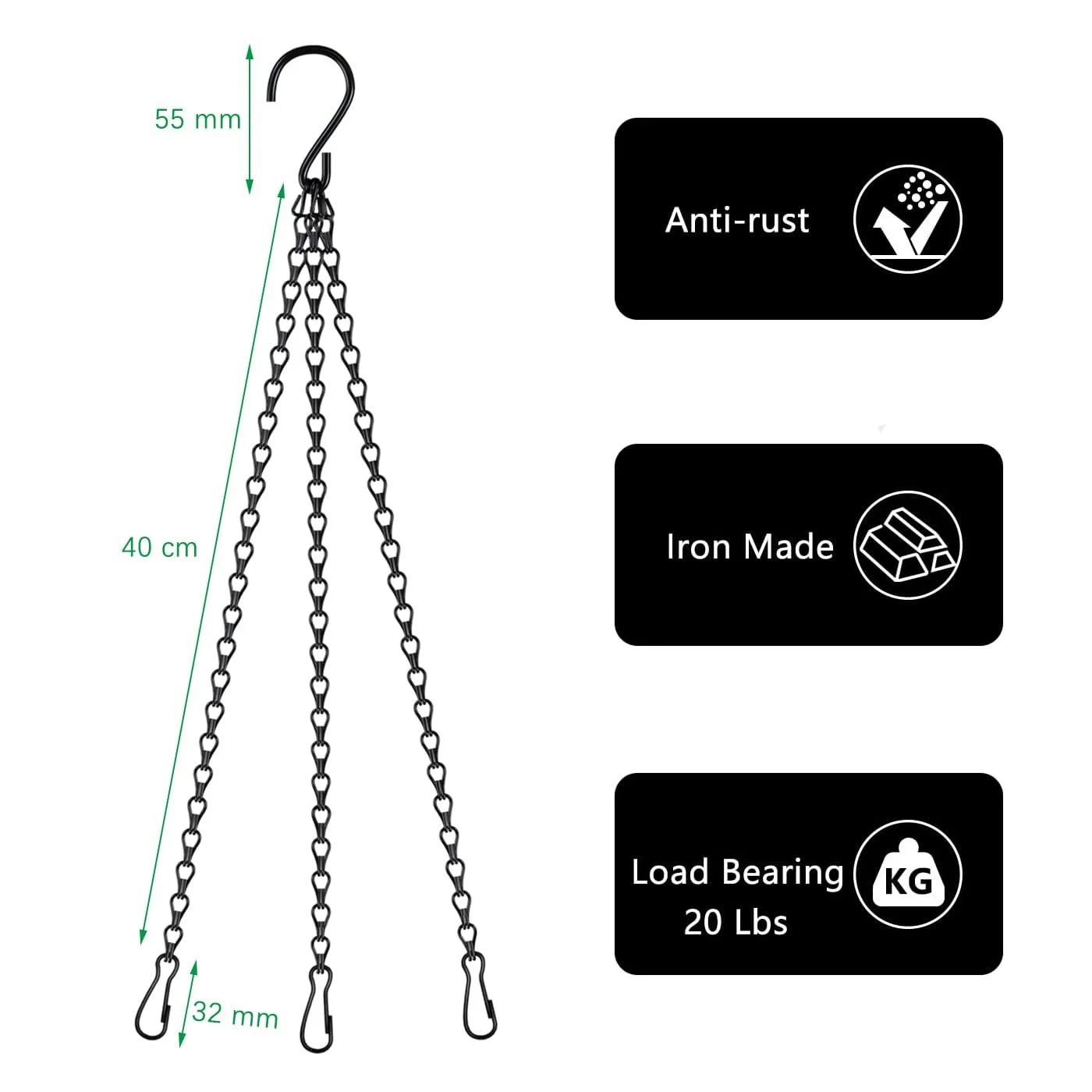 Ланцюжки для підвісних горщиків 3 шт. металеві чорні 40 см, фото №2 Ланцюжки для підвісних горщиків 3 шт. металеві чорні 40 см, фото №2