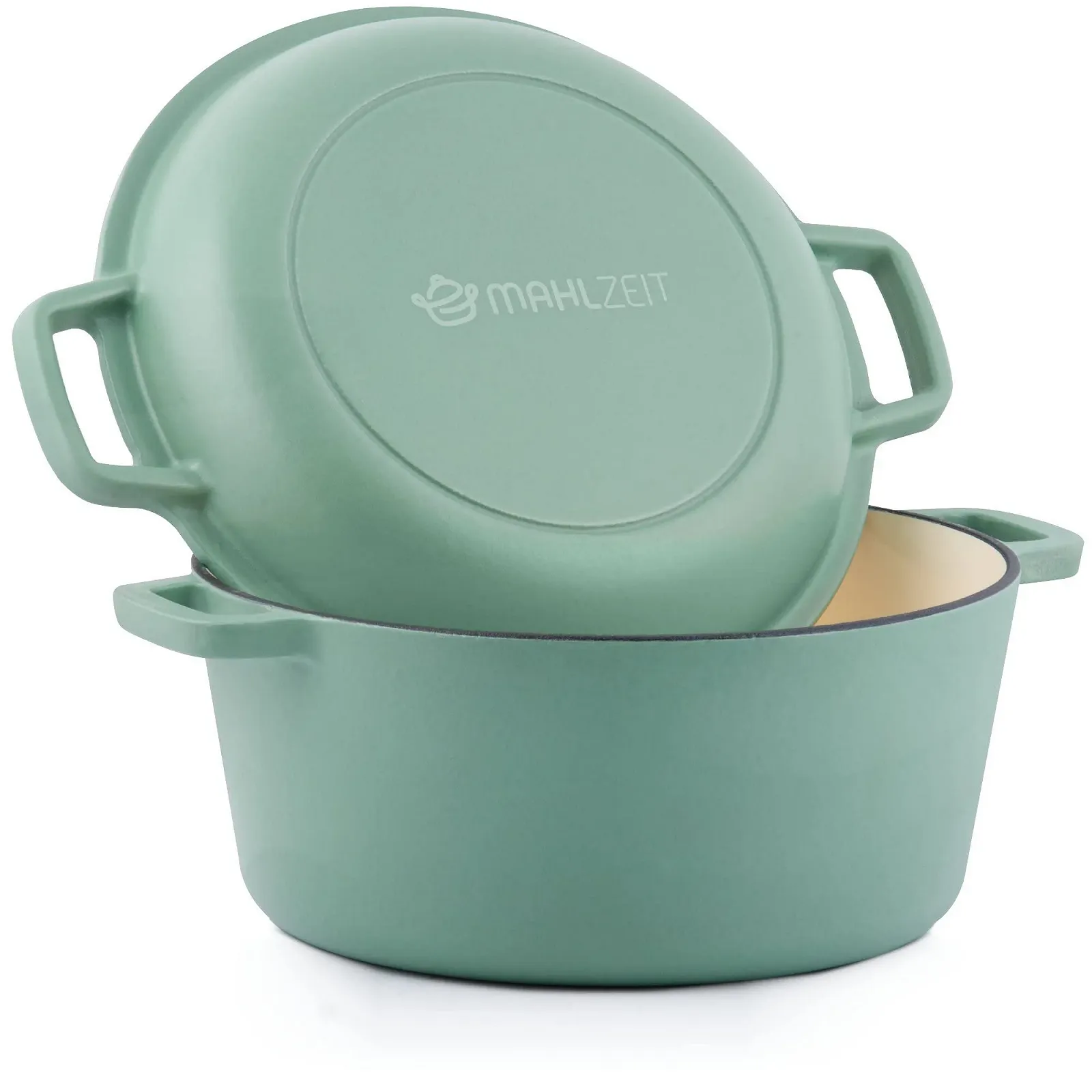Емальована чавунна каструля Mahlzeit 6,9 л кругла з кришкою та 2 ручками Mint для індукції та духовки, фото №4 Емальована чавунна каструля Mahlzeit 6,9 л кругла з кришкою та 2 ручками Mint для індукції та духовки, фото №4