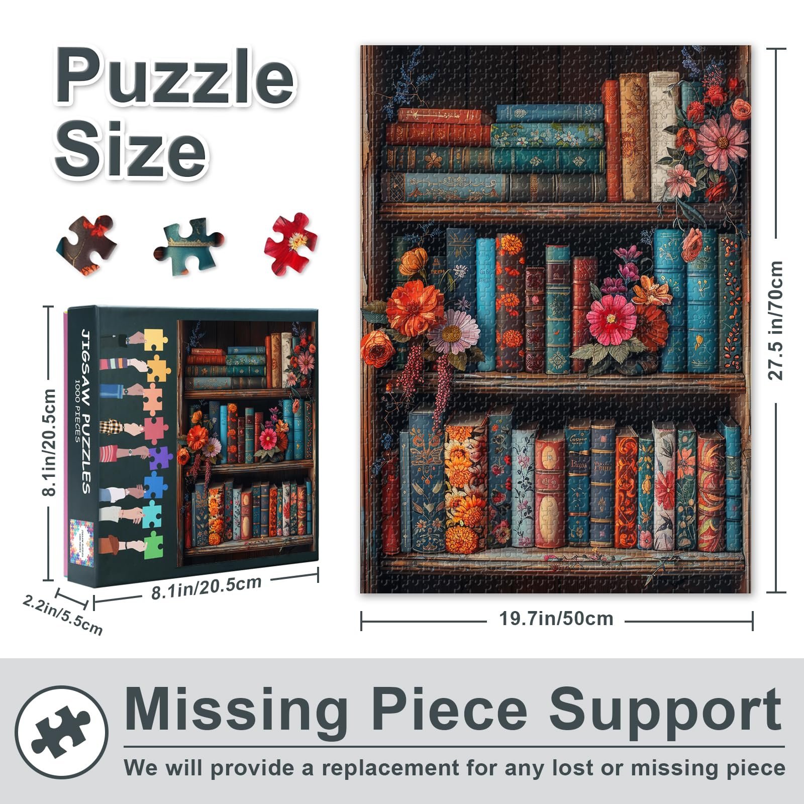 Пазл Vintage Books, 1000 елементів, Книжкова полиця та квіти, 70 x 50 см, фото №3