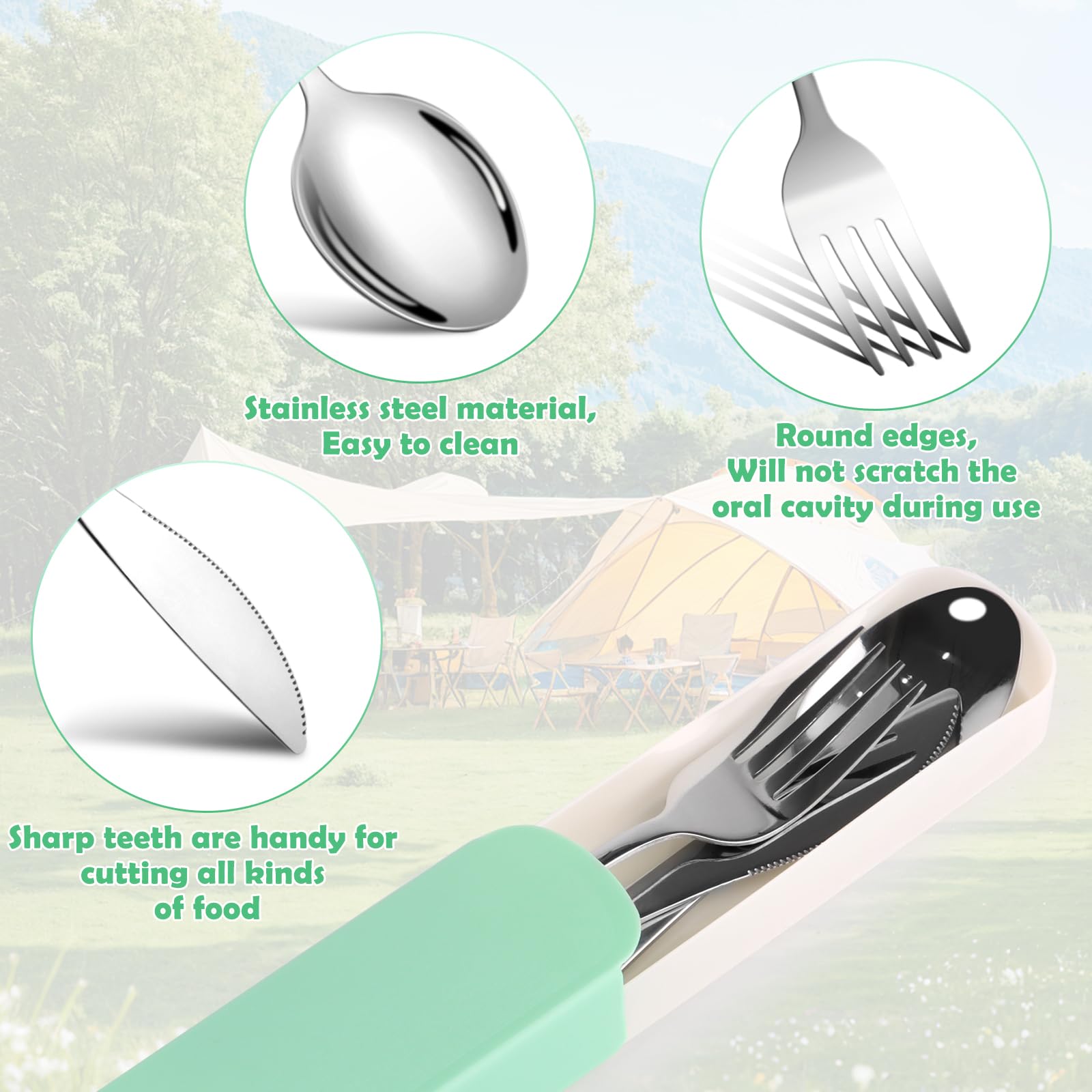Набір столових приладів NVIYAM Camping Cutlery Set 3 шт нержавіюча сталь зелений, фото №4