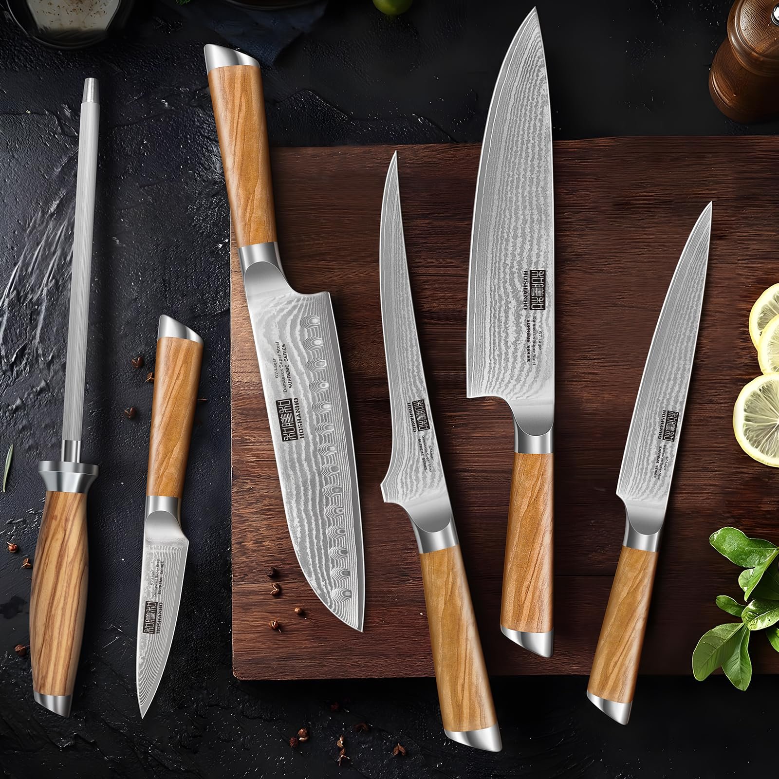 Набір ножів кухонних HOSHANHO Damask, 7 предметів, японська сталь VG-10 Super Steel, дамаська сталь, з ергономічною ручкою, у дерев'яному блоці та з точилкою, фото №5