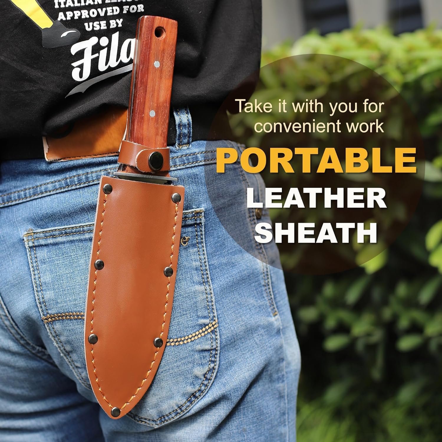 Садова лопатка Professional, садова з нержавіючої сталі з шкіряним чохлом і точильним каменем, міцна садова лопатка для прополки, копання, різання та посадки, чорна, фото №3