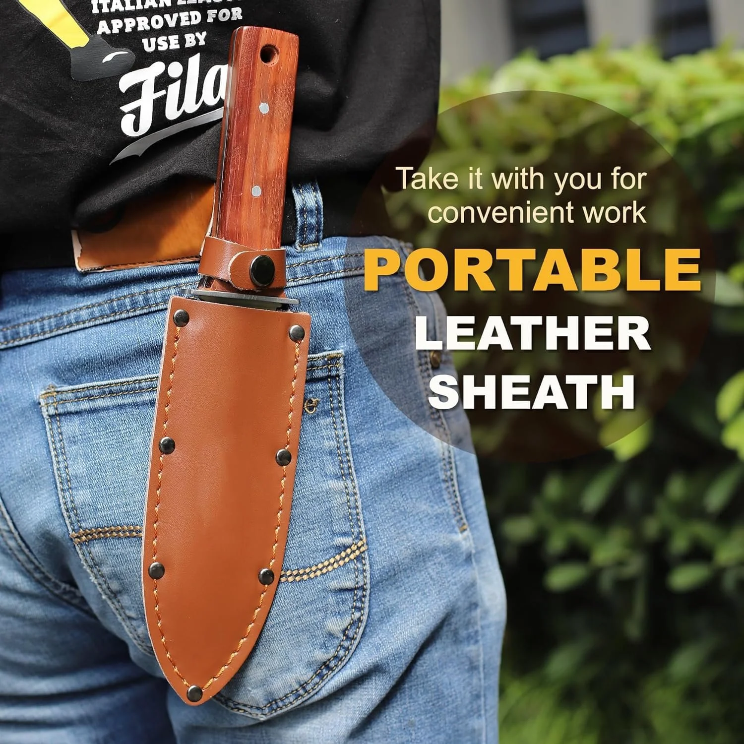 Садова лопатка Professional, садова з нержавіючої сталі з шкіряним чохлом і точильним каменем, міцна садова лопатка для прополки, копання, різання та посадки, чорна, фото №3