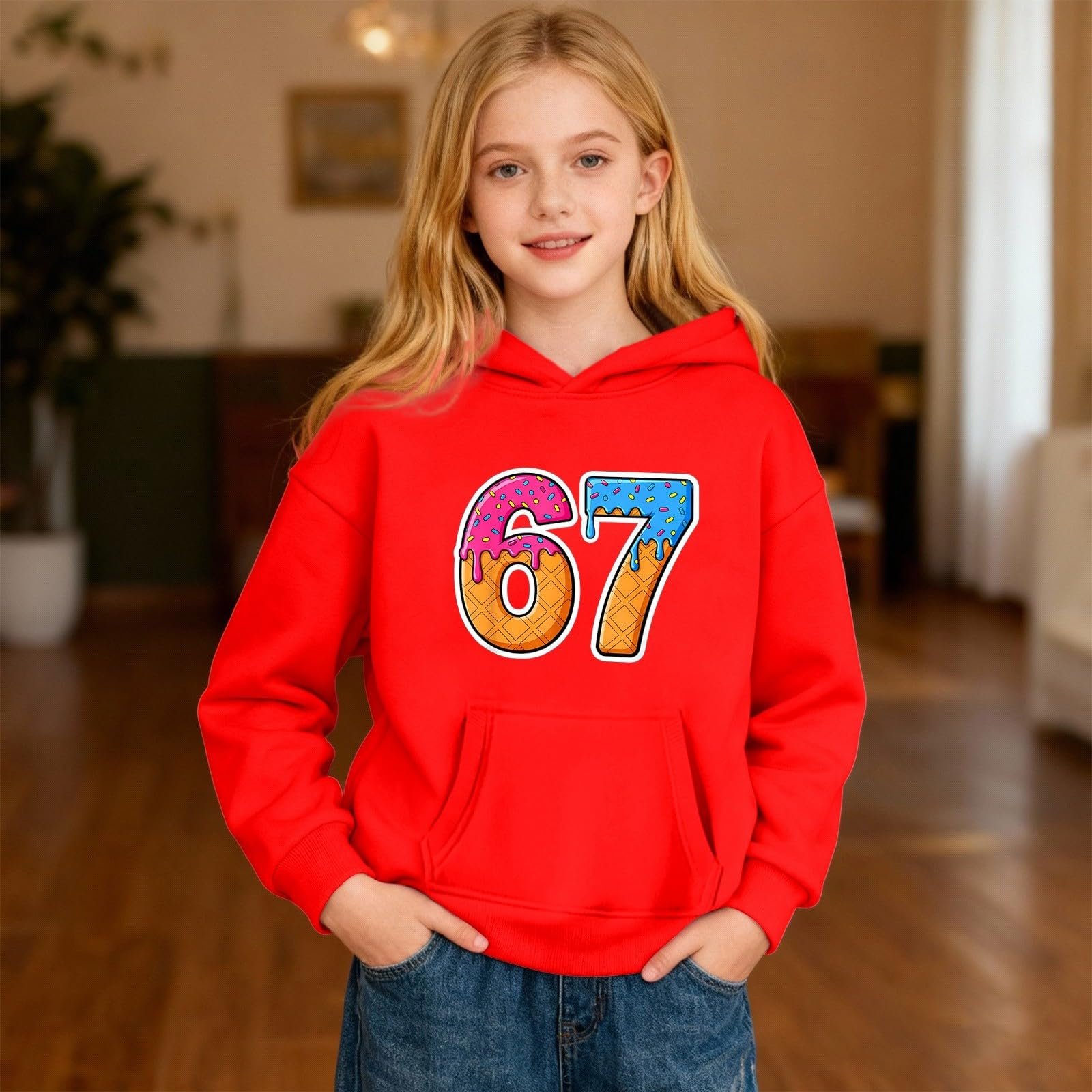 Детская толстовка с капюшоном Модная толстовка для девочки Зимняя милая печать "Лед 67" Пуловер Удобная Флисовая куртка Повседневная Толстовка с длинными рукавами, фото №3