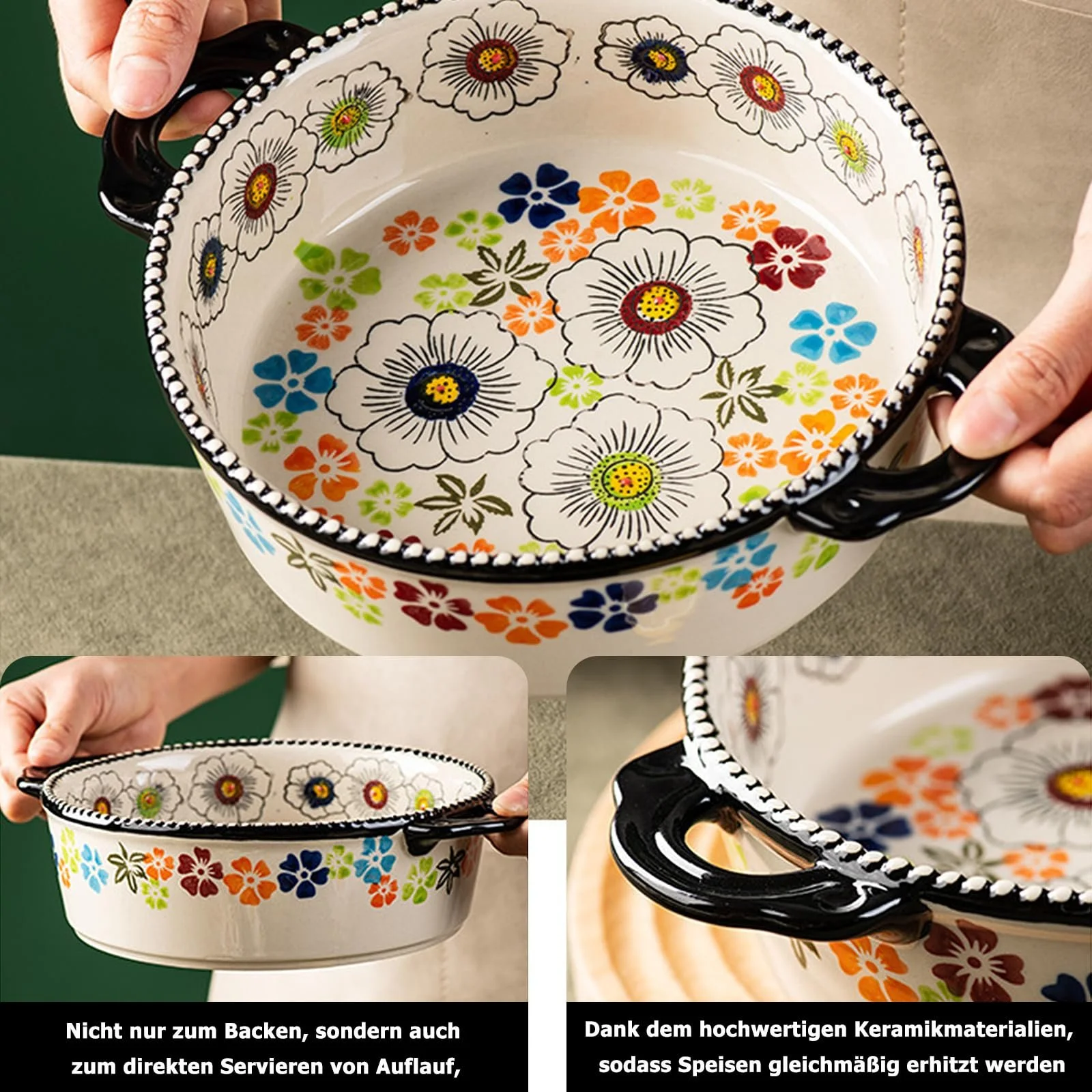 Форма для запекания керамическая круглая 880 мл 24 x 24 x 6 см цветная с ручкой, фото №3