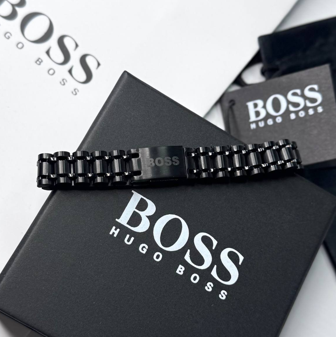 Чоловічий браслет на руку сталевий чорного кольору в подарунковій упаковці, фото №1