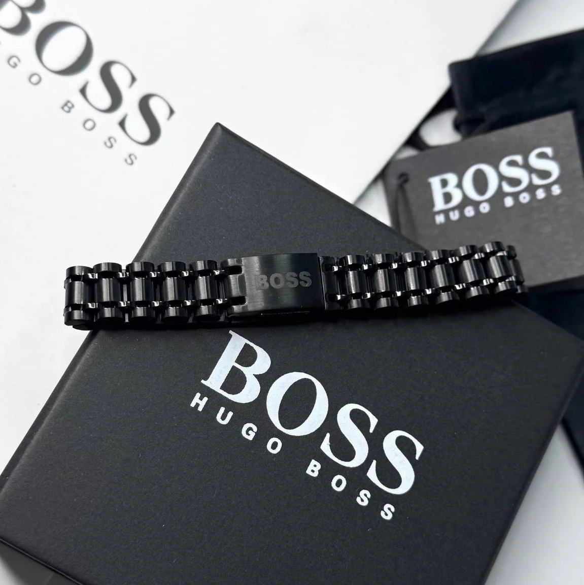 Чоловічий браслет на руку сталевий чорного кольору в подарунковій упаковці, фото №1