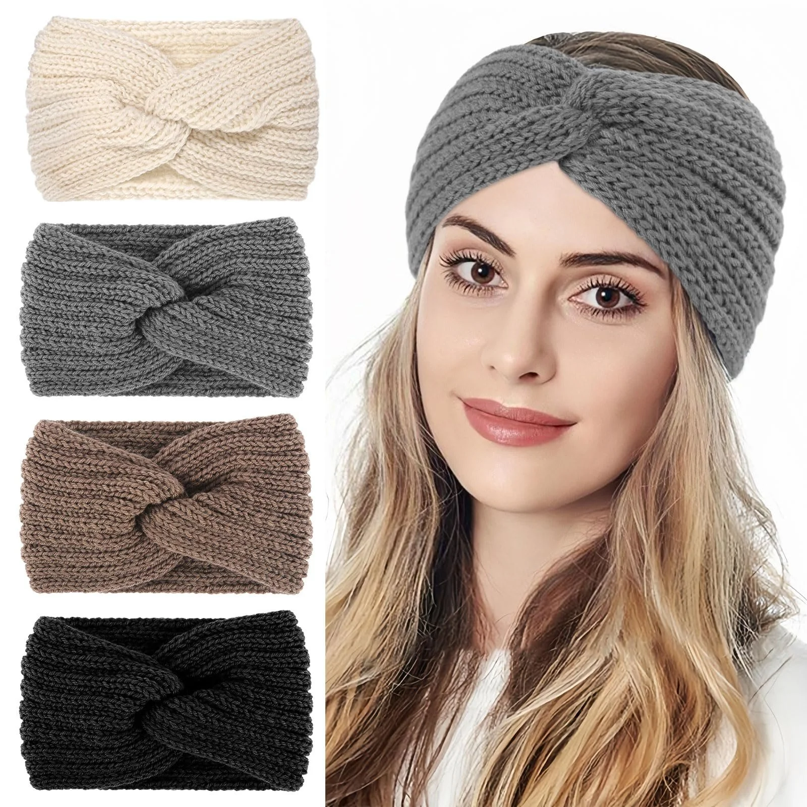 Пов'язка на голову В'язана еластична широка зимова, фото №1