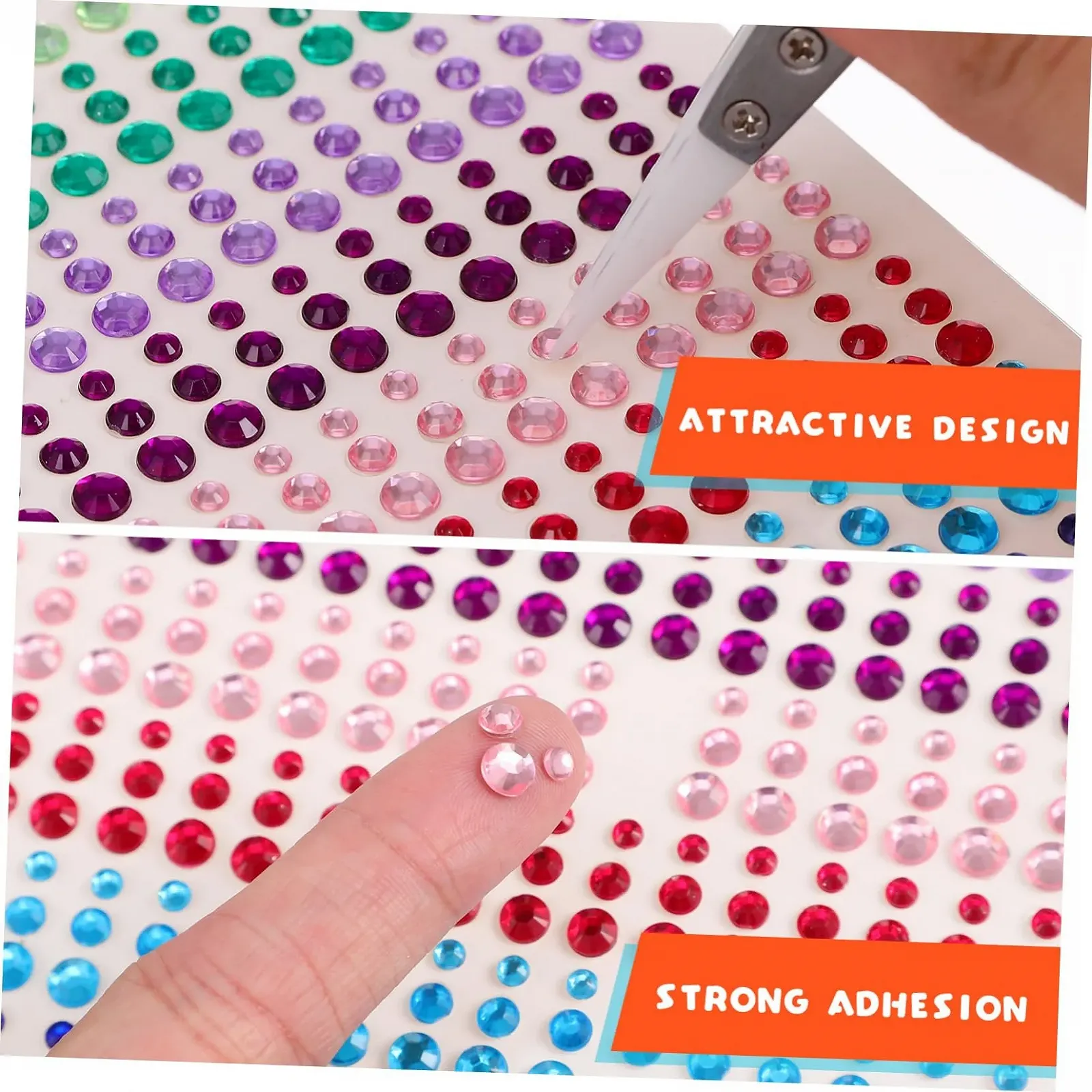 Наклейки зі стразами FRCOLOR 2 аркуші 15 кольорів 900 страз 3 мм 5 мм, фото №5