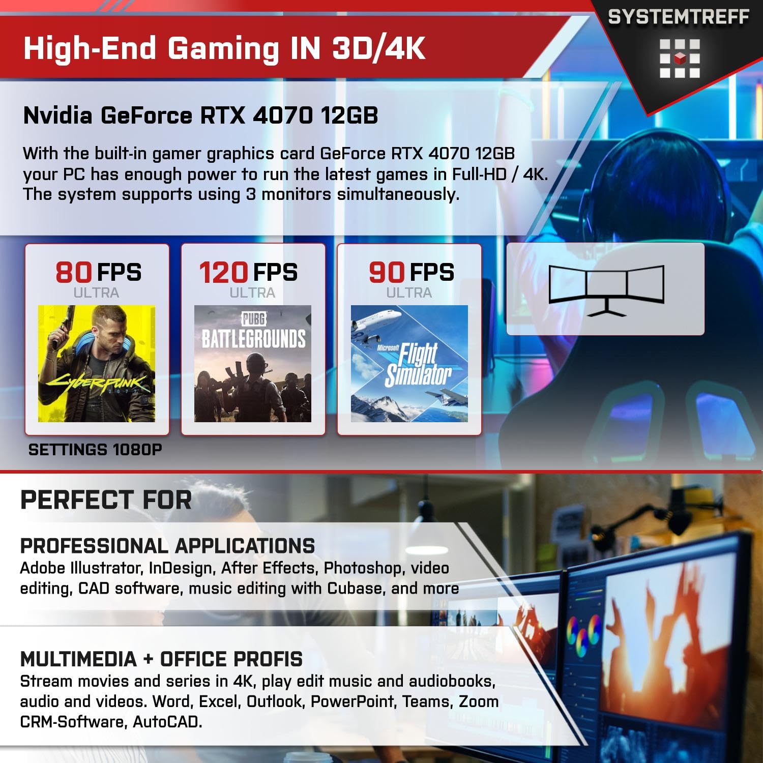 Настільний ПК SYSTEMTREFF Gaming White Intel Core i5-12400F 6x4.4GHz Nvidia RTX 4070 12GB 1TB M.2 NVMe 16GB DDR4 RAM WLAN, фото №5