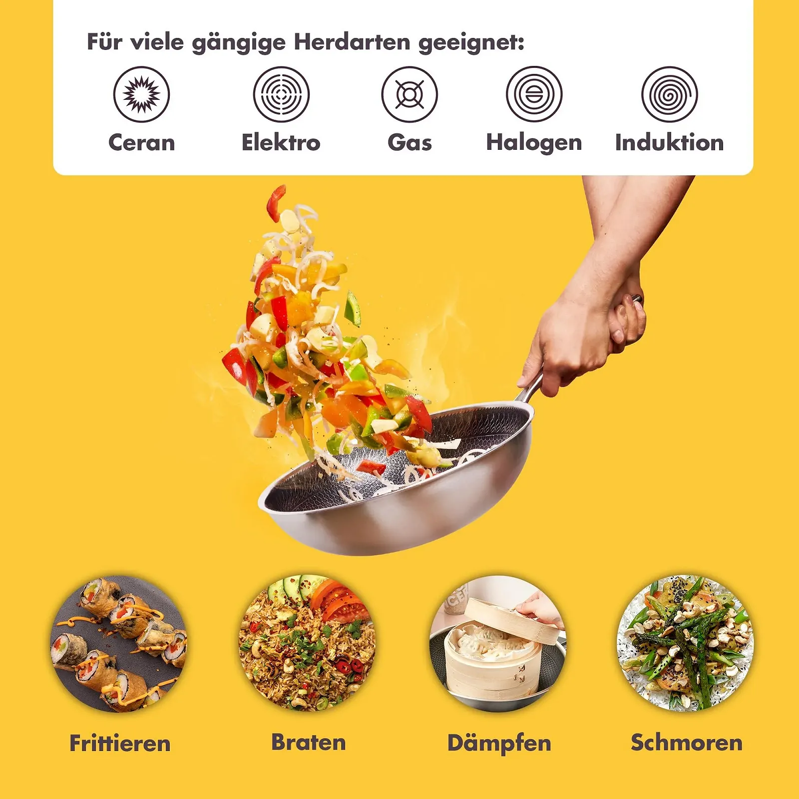 Вок Reishunger Premium з нержавіючої сталі 28 см з скляною кришкою, фото №2