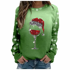 Рождественский джемпер Женский Свитшот с забавным рисунком винного бокала, с длинными рукавами, круглым вырезом, повседневный Рождественский джемпер, Рождественские топы, рубашки, рождественские топы для женщин, девушек-подростков - Фото 1