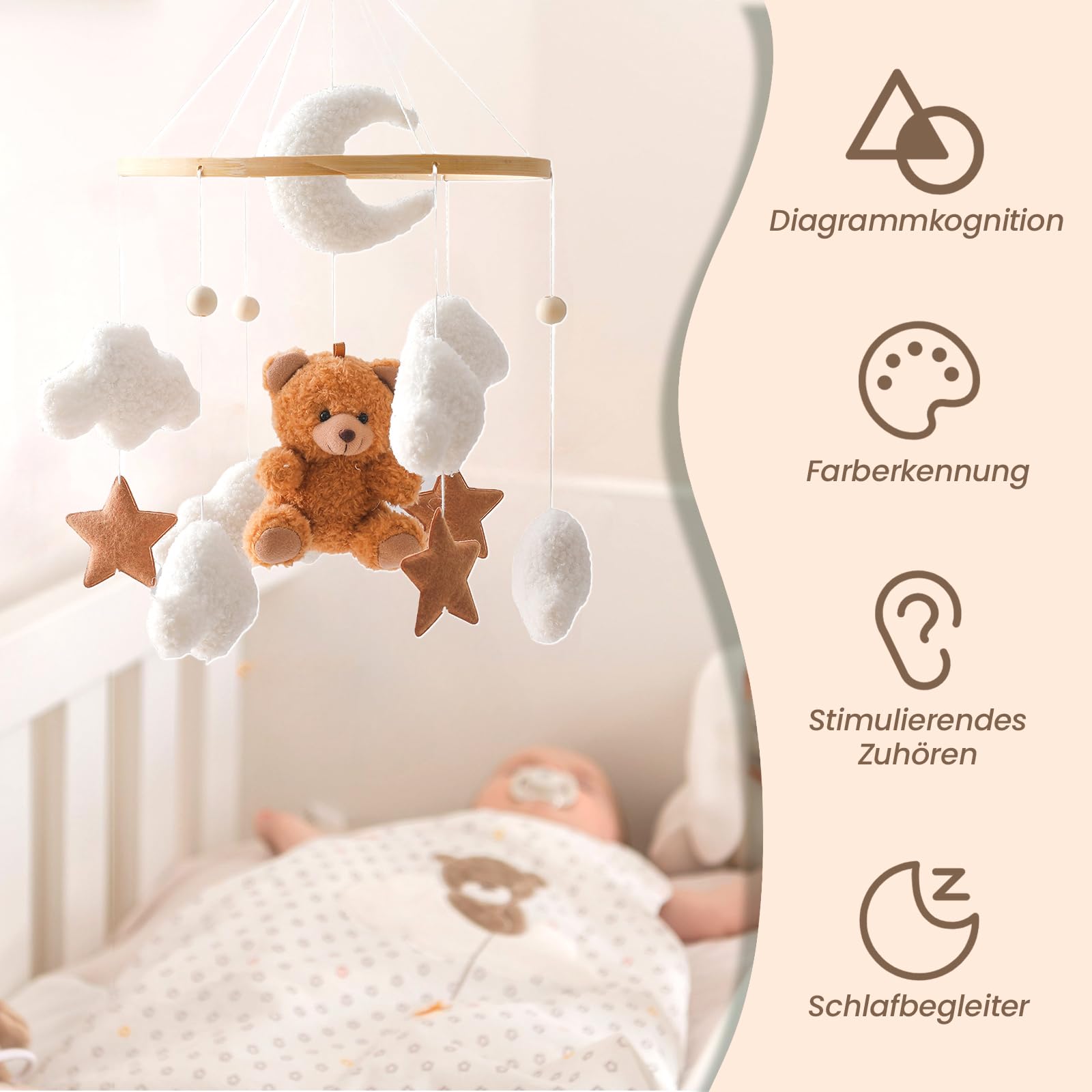 Мобіль Baby Bed Bell з ведмежам дерев'яний для дівчаток вішаний мобіль Вітрозвучка для дитячого ліжечка (коричневий), фото №2