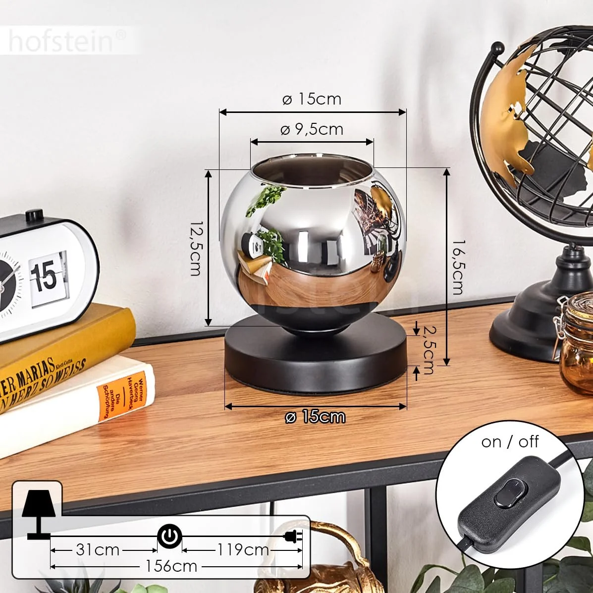 Настільна лампа Koyoto Метал/Скло 15 см 1 x E27 Чорний/Хром, фото №5