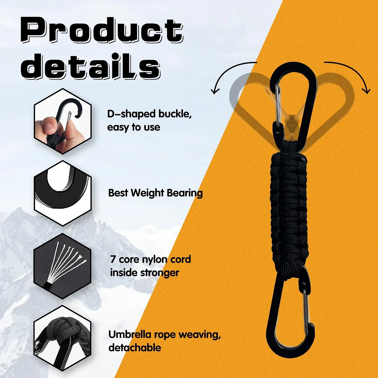 Брелок Paracord UBRAVE з карабіном, багатофункціональний, чорний (1 x гачок + 1 x кільце), фото №4