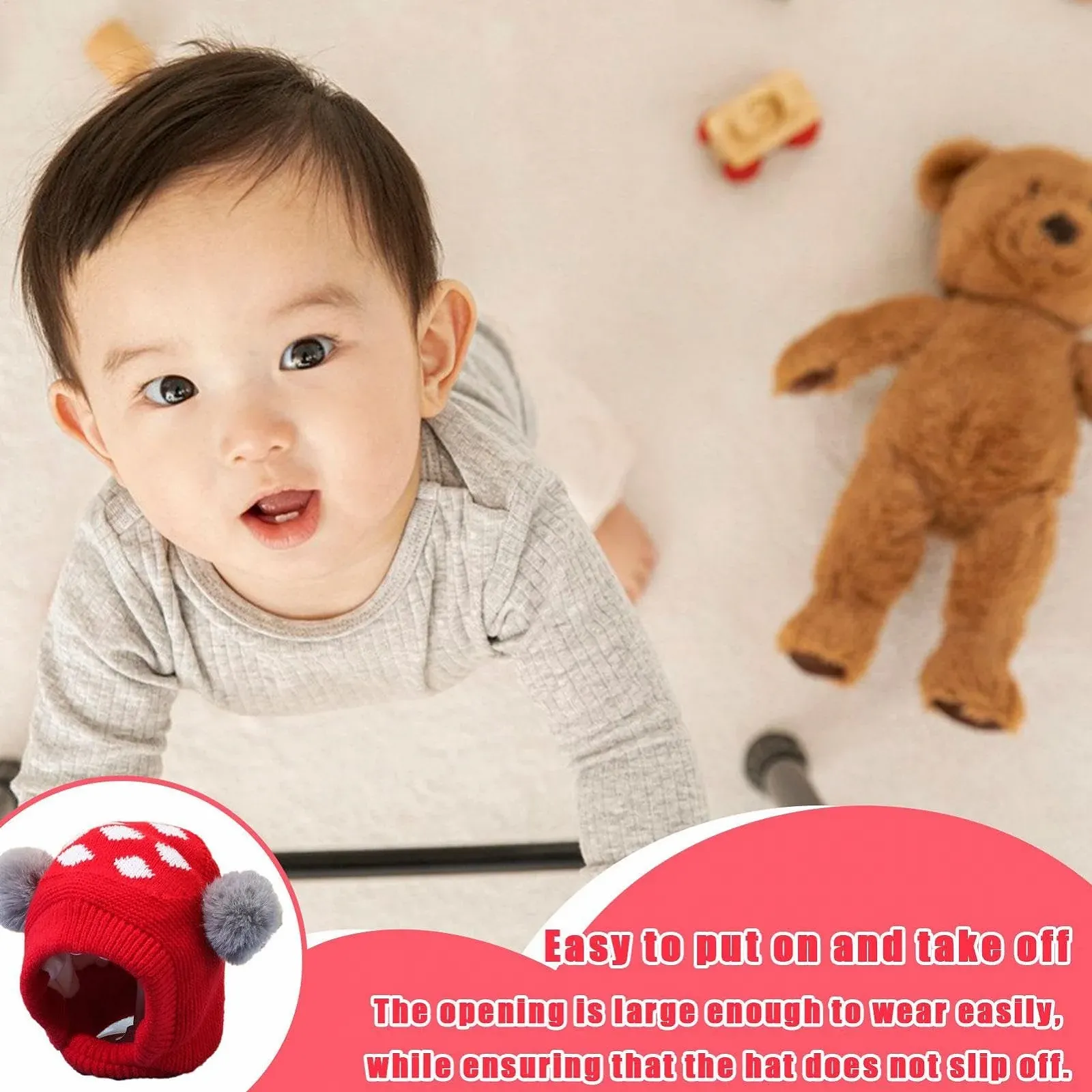 Теплая шапка-ушанка вязаная детская зимняя утолщенная мягкая N Cute, красная, фото №3 Теплая шапка-ушанка вязаная детская зимняя утолщенная мягкая N Cute, красная, фото №3