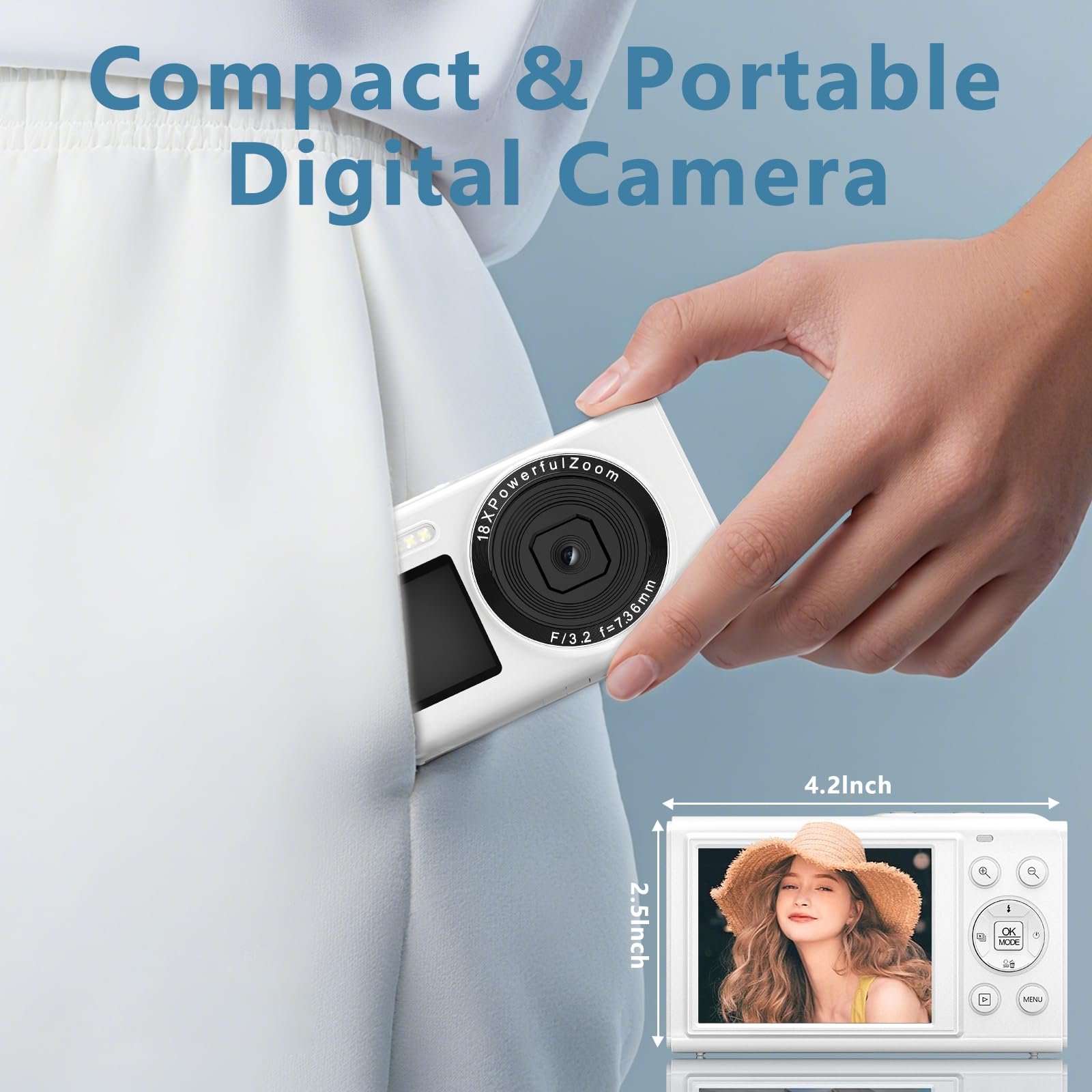 Цифровая камера 5K 80MP с WiFi, 2,4-дюймовым ЖК-дисплеем и 1,5-дюймовым дисплеем для селфи, 18-кратным зумом, картой TF 32 ГБ, компактная камера для видеоблогов Портативная камера для подростков, начинающих и взрослых, белая, фото №8