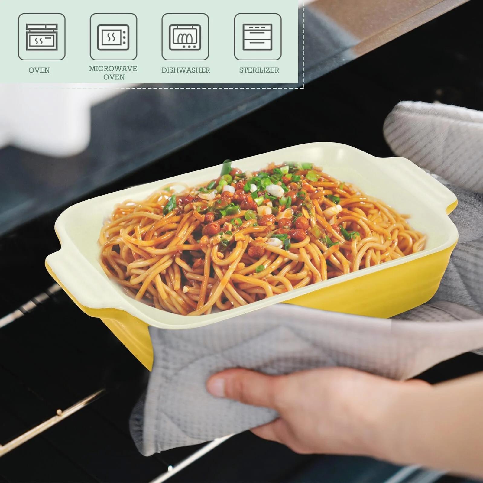 Керамическая форма для запекания Cabilock прямоугольная для духовки и микроволновой печи с двумя ручками жаропрочная многофункциональная желтая, фото №4 Керамическая форма для запекания Cabilock прямоугольная для духовки и микроволновой печи с двумя ручками жаропрочная многофункциональная желтая, фото №4