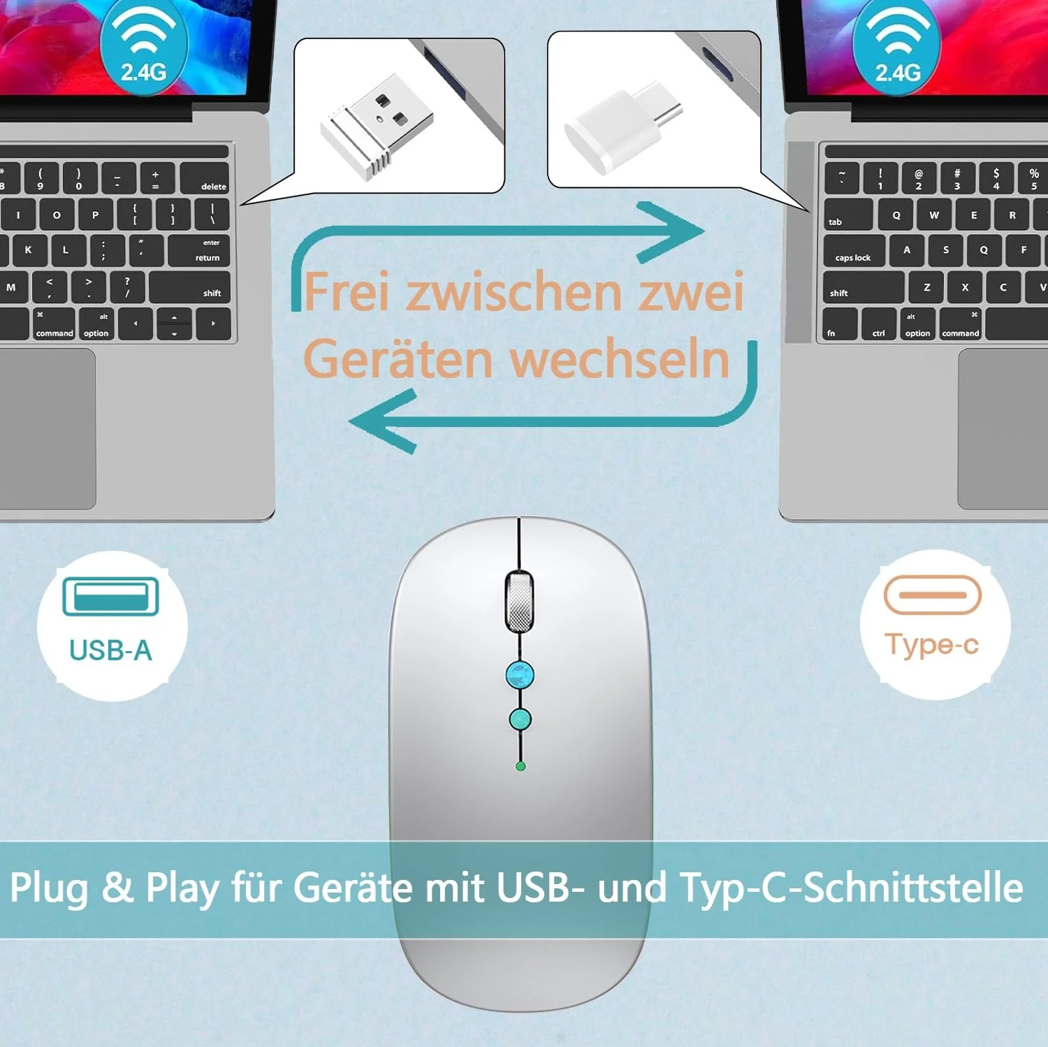 Мышь Беспроводная Светодиодная с 2.4GHz USB/USB-C Двойным Приемником DPI и Кнопкой Назад, фото №3