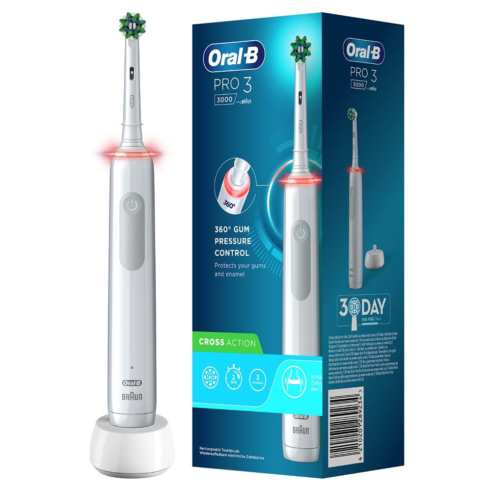 Зубна електрощітка Oral-B PRO 3 3000 CrossAction, 3 режими, візуальний контроль тиску 360°, біла, фото №1