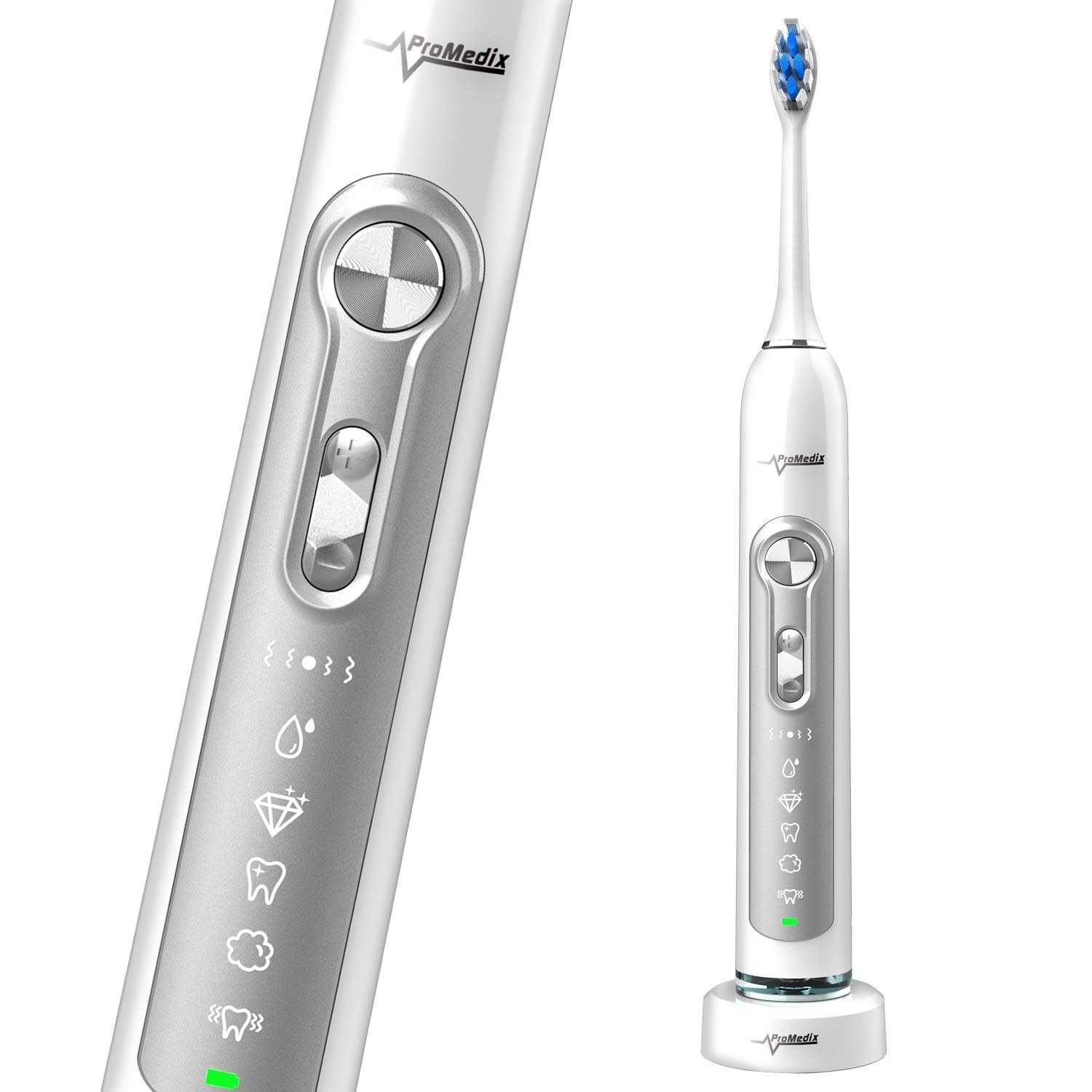 Звуковая зубная щетка Promedix PR-750 Diamond Smile, водонепроницаемая IPX7, электрическая, беспроводная, 5 режимов, таймер, 3 уровня мощности, 3 насадки, белая или черная, фото №2