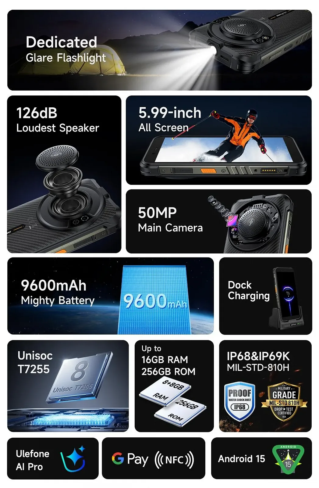 Защищенный смартфон Ulefone RUGKING AI Android 15 126 дБ 9600 мАч 50 MP 16 GB + 256 GB 5.99 дюймов IP68 IP69K NFC, фото №2