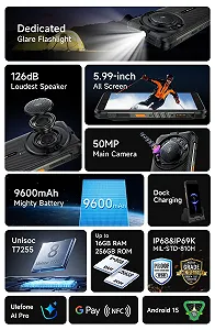 Защищенный смартфон Ulefone RUGKING AI Android 15 126 дБ 9600 мАч 50 MP 16 GB + 256 GB 5.99 дюймов IP68 IP69K NFC synthetic.ua - Фото 1