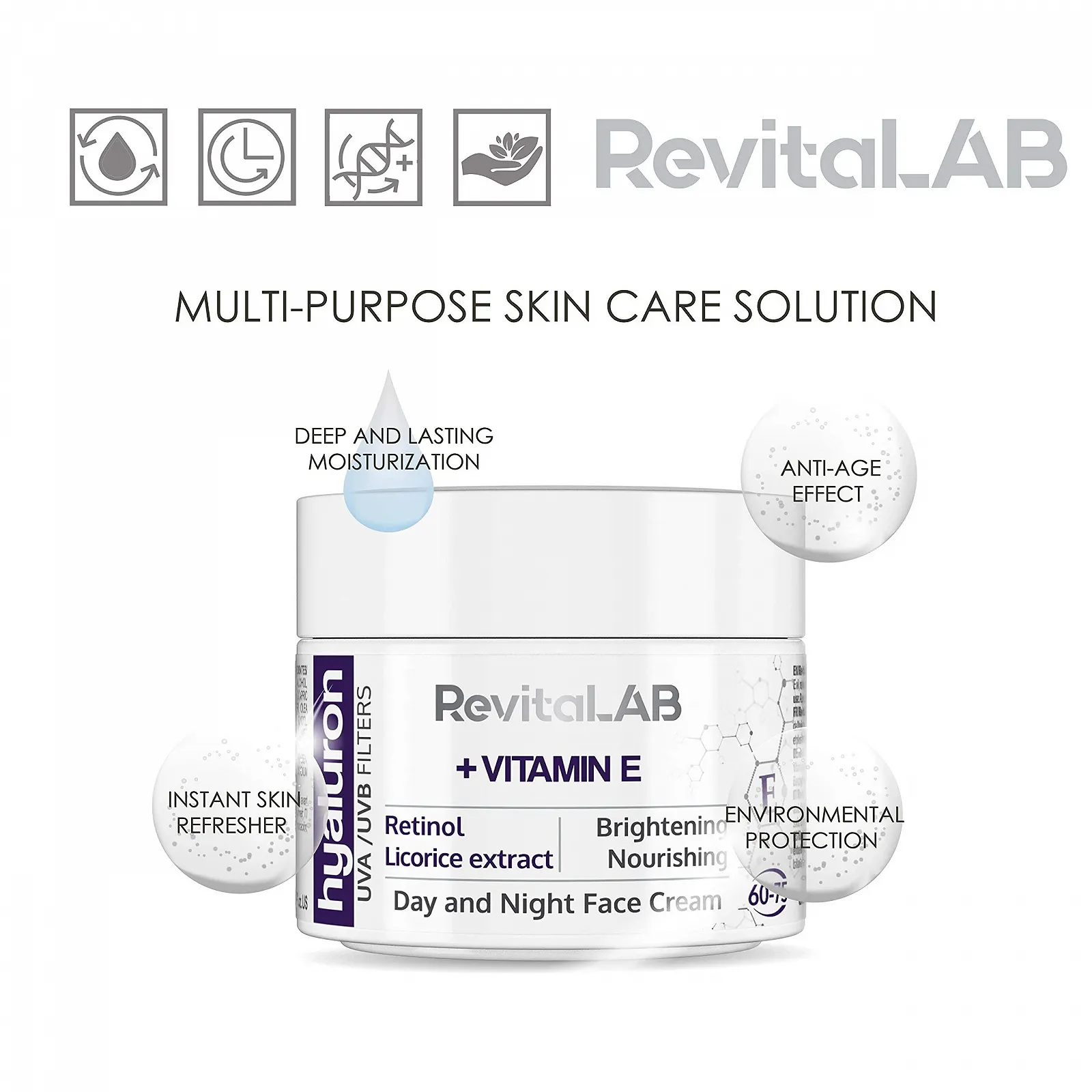 Крем для лица дневной и ночной RevitaLAB Hyaluronic Anti-Ageing с витамином A (ретинолом), витамином E, экстрактом корня солодки, гиалуроновой кислотой и УФ-фильтром, для возраста от 60 до 75 лет, 50 мл, фото №3 Крем для лица дневной и ночной RevitaLAB Hyaluronic Anti-Ageing с витамином A (ретинолом), витамином E, экстрактом корня солодки, гиалуроновой кислотой и УФ-фильтром, для возраста от 60 до 75 лет, 50 мл, фото №3
