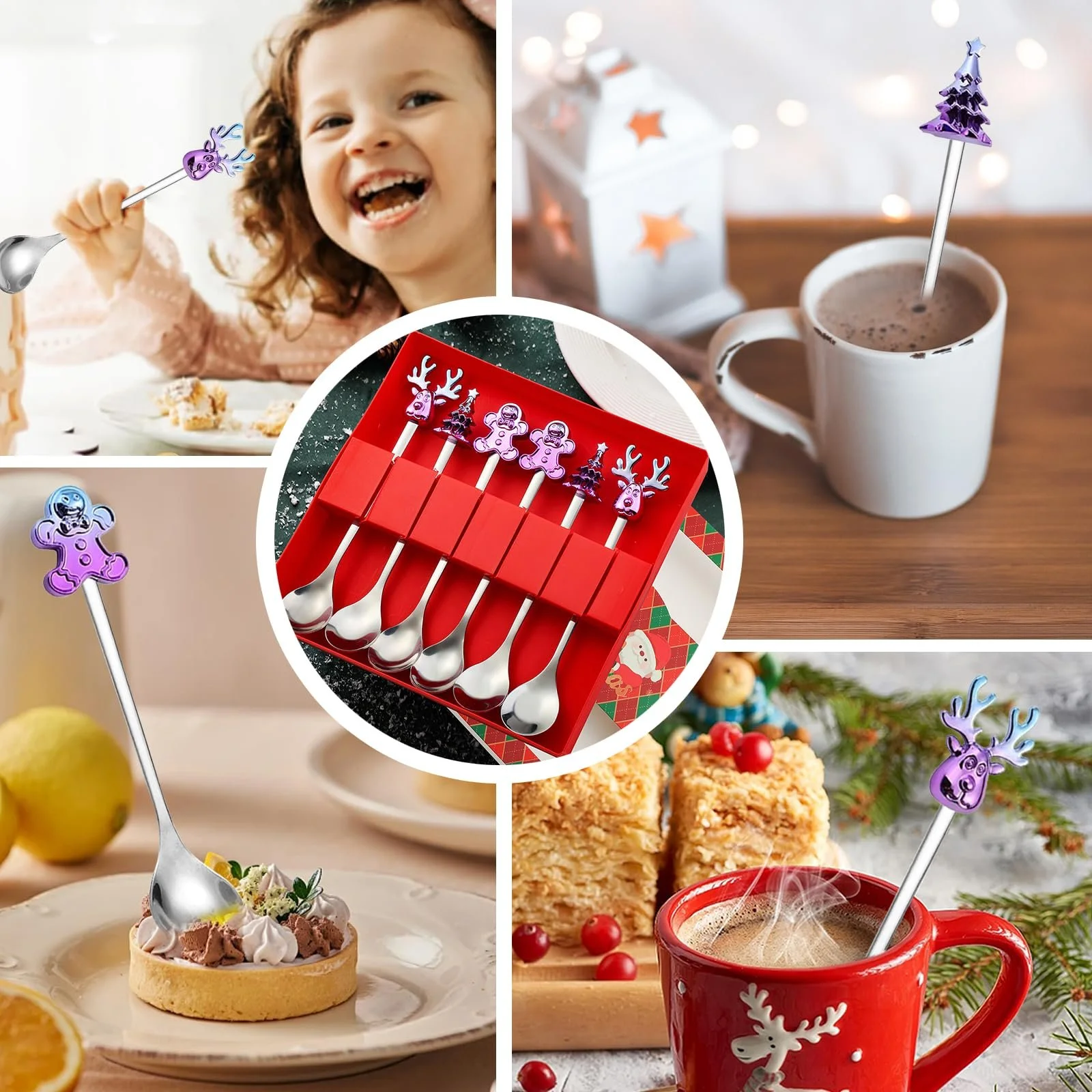 Ложка новогодняя, Ложка для кофе новогодняя, Набор новогодних ложек, Ложка с лосем, Ложка для смешивания, Ложка из нержавеющей стали с лосем, Ложка для кофе с лосем, Десертная ложка (6, Серебряная), фото №2