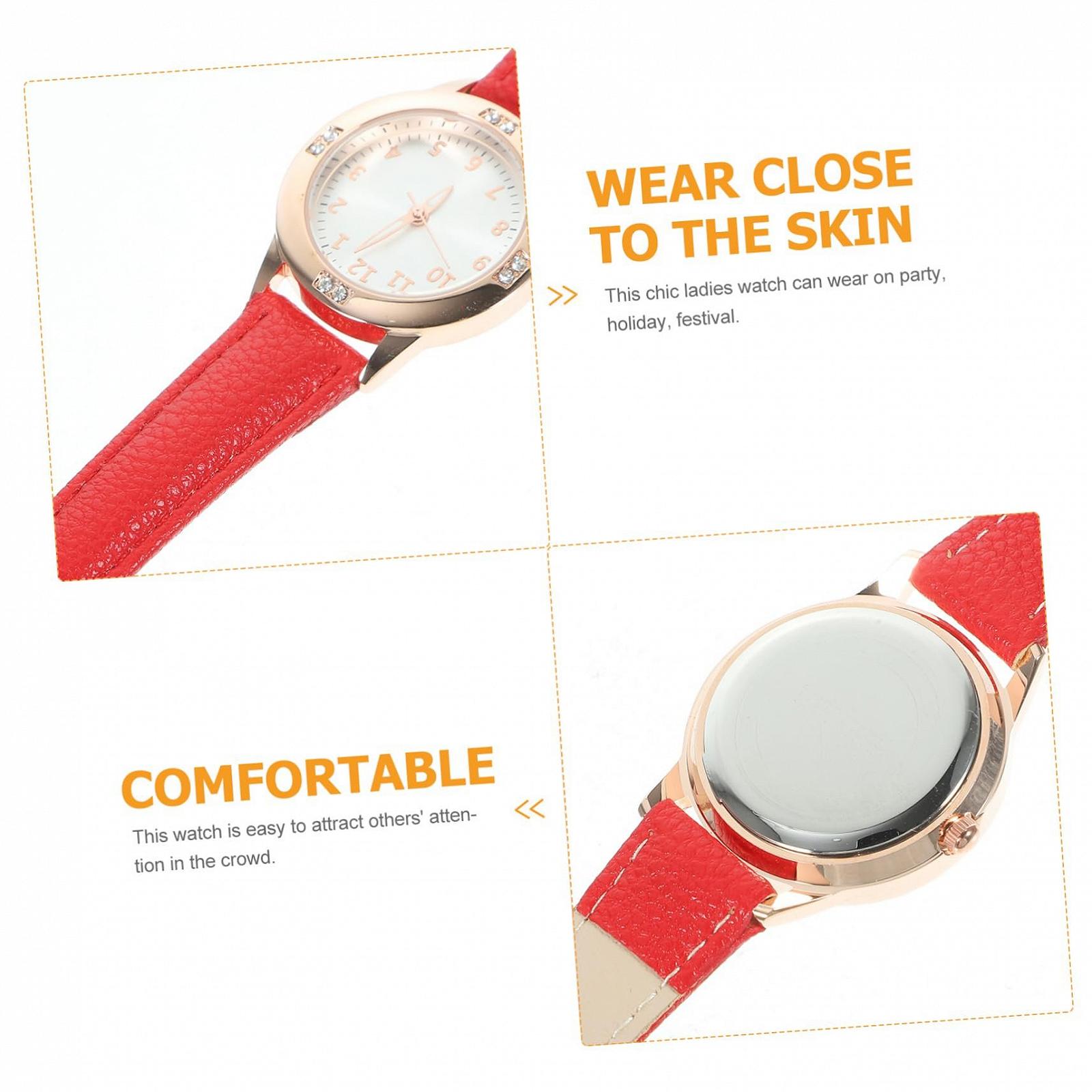 Жіночий наручний годинник Healvian з підсвічуванням Червоний шкіряний ремінець, фото №7