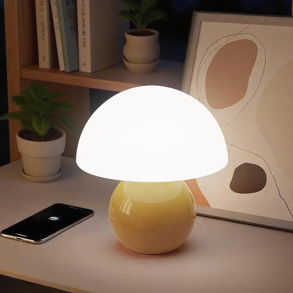Настільна лампа Mushroom LED жовта керамічна з плафоном PE регульована яскравість, фото №5