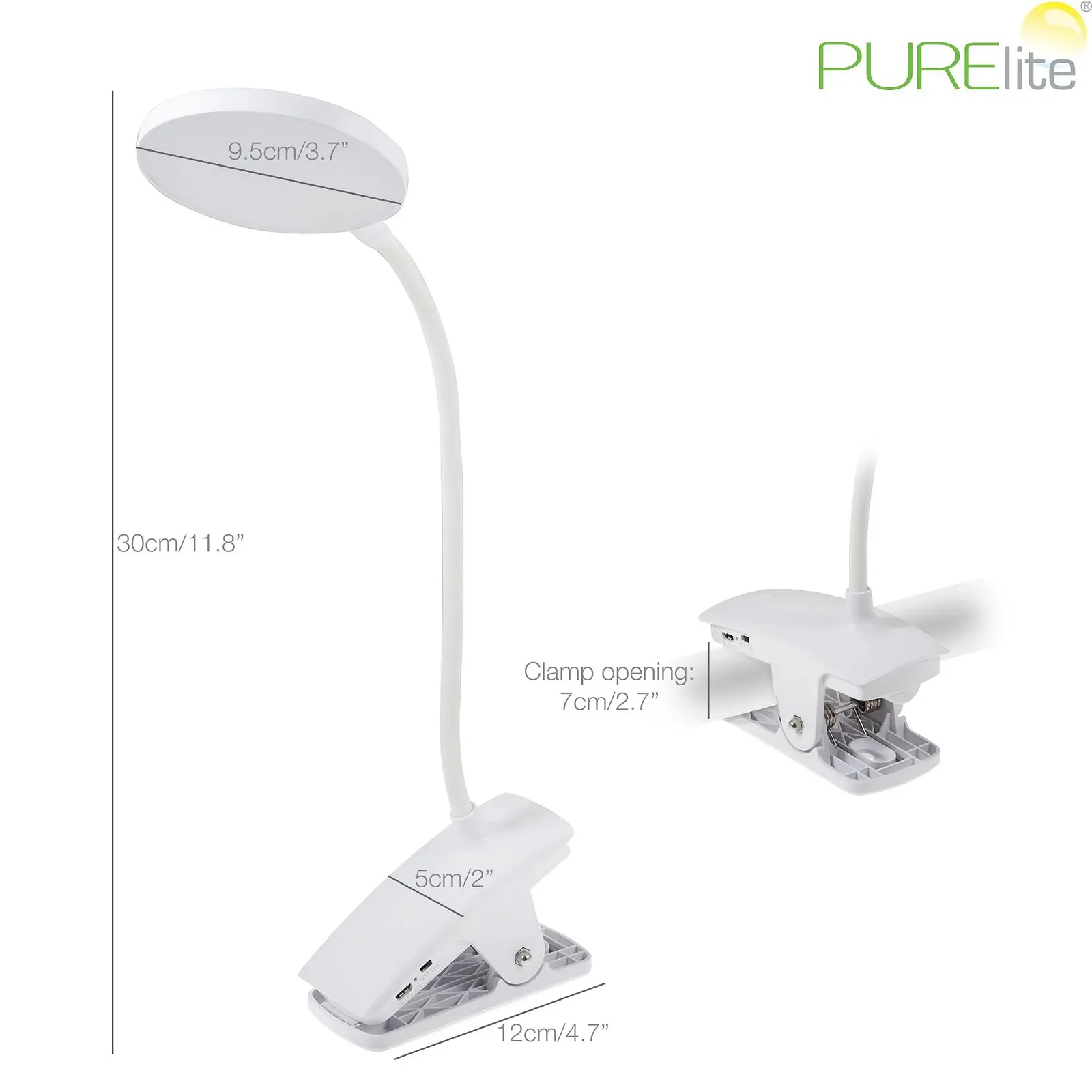 Настільна світлодіодна лампа-прищіпка PURElite акумуляторна гнучка регульована шийка білий, фото №5