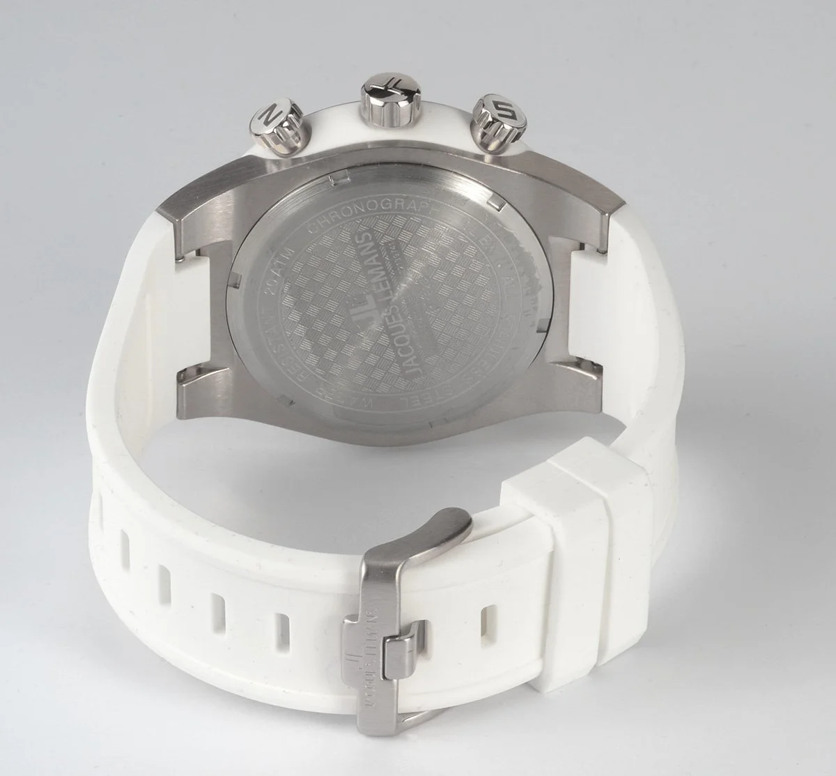 Мужские часы Jacques Lemans Хронограф Кварцевый Силиконовый Белый и многоцветный Браслет, фото №2 Мужские часы Jacques Lemans Хронограф Кварцевый Силиконовый Белый и многоцветный Браслет, фото №2