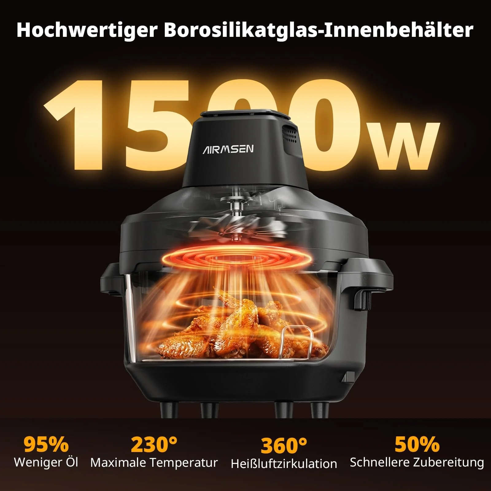 Мультипіч AIRMSEN Подвійна скляна чаша 4,5 л + 1,2 л 1500 Вт 60–230°C знімна головка, фото №3
