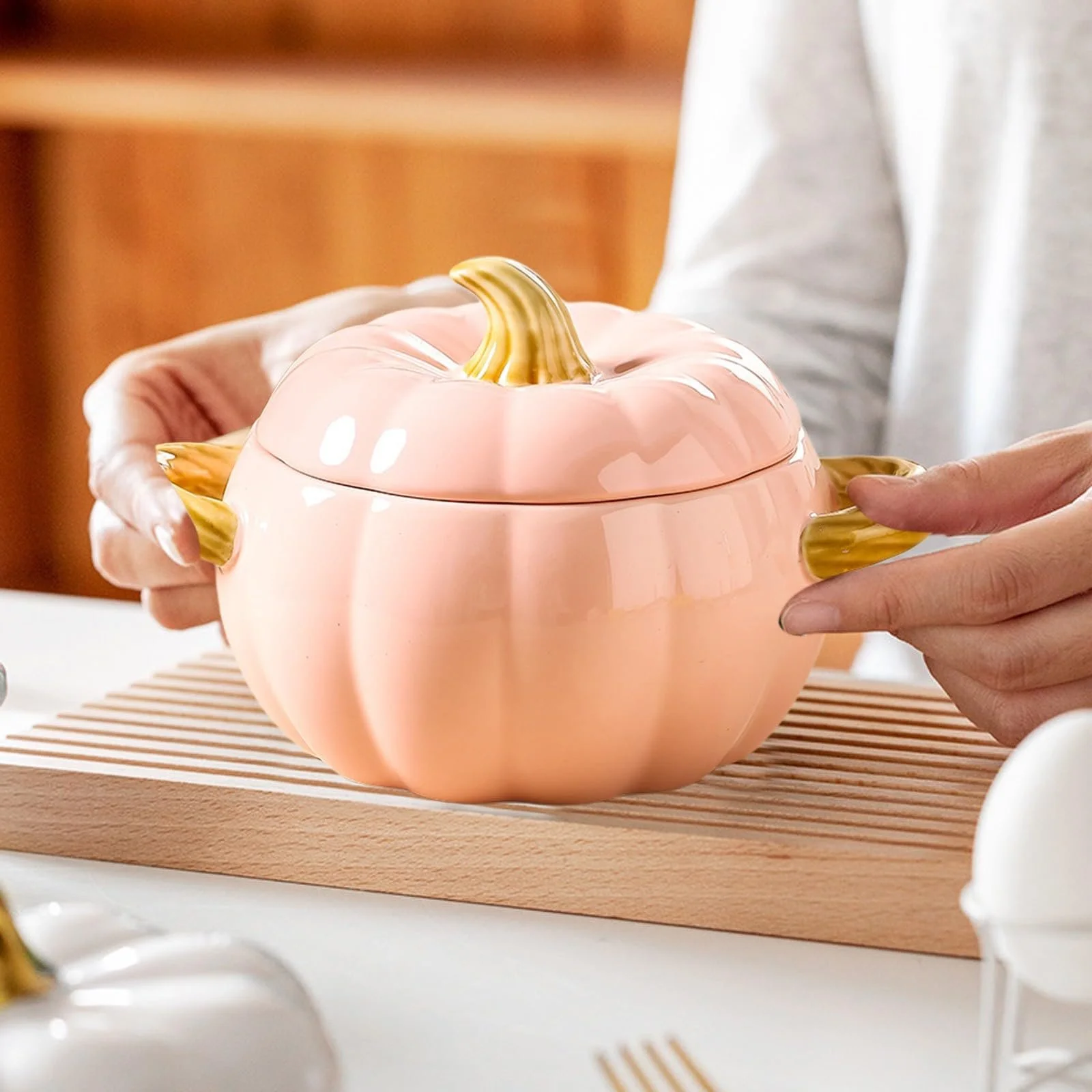 Кастрюля-форма для запекания Керамическая антипригарная с крышкой Тыква розовая, фото №4