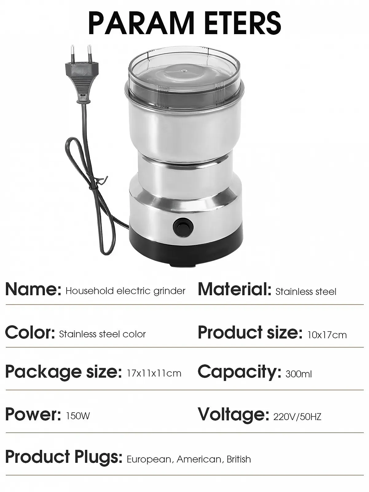 Кофемолка электрическая WASAGA 150 Вт, миксер для кофейных зерен из нержавеющей стали с защитой от перегрева, также для орехов, специй, семян, зерен, фото №9
