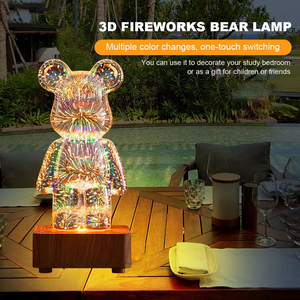 Нічник AVZYARDY 3D Fireworks Bear Три-вимірне світло 8 кольорів Скляний кольоровий ведмедик, фото №3