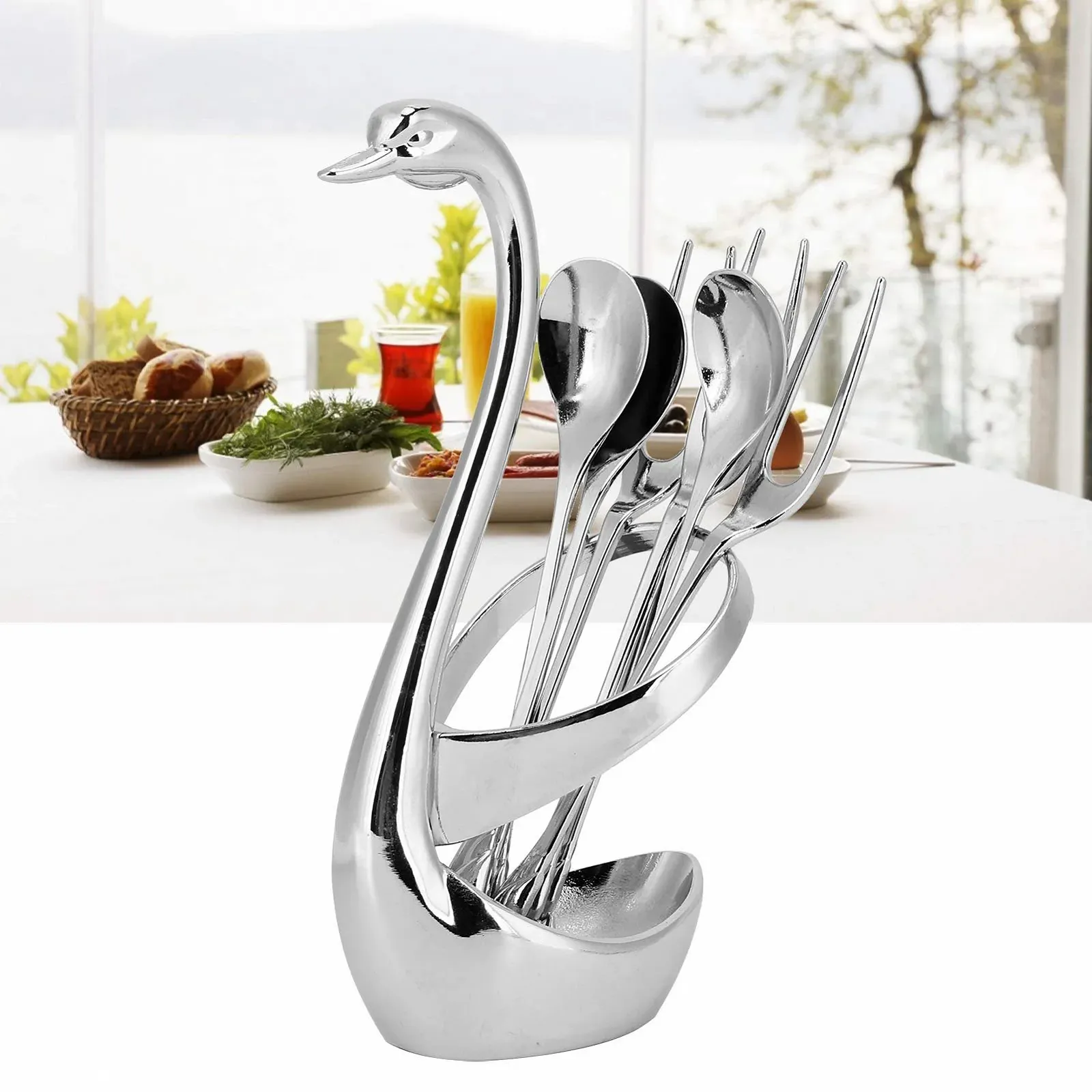 Набір посуду Тризуб, 7 предметів, з тримачем у формі лебедя, органайзер для зберігання, фото №2