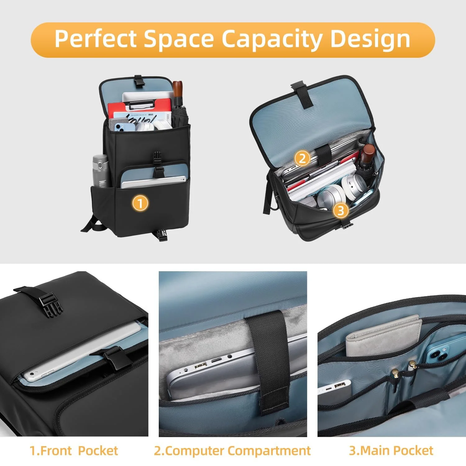 Рюкзак для ноутбука Rolltop 15.6 Inch Waterproof USB Port Elegant Business Modern Black M, фото №3 Рюкзак для ноутбука Rolltop 15.6 Inch Waterproof USB Port Elegant Business Modern Black M, фото №3