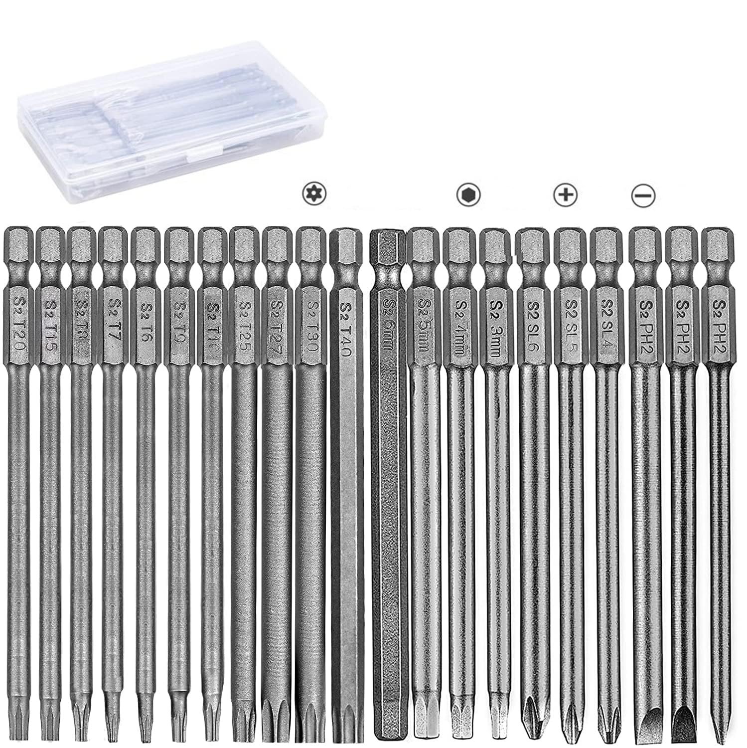 Набор бит Treki 21 шт 100 мм длинные Torx с отверстием 6.35 мм шестигранник, фото №1 Набор бит Treki 21 шт 100 мм длинные Torx с отверстием 6.35 мм шестигранник, фото №1