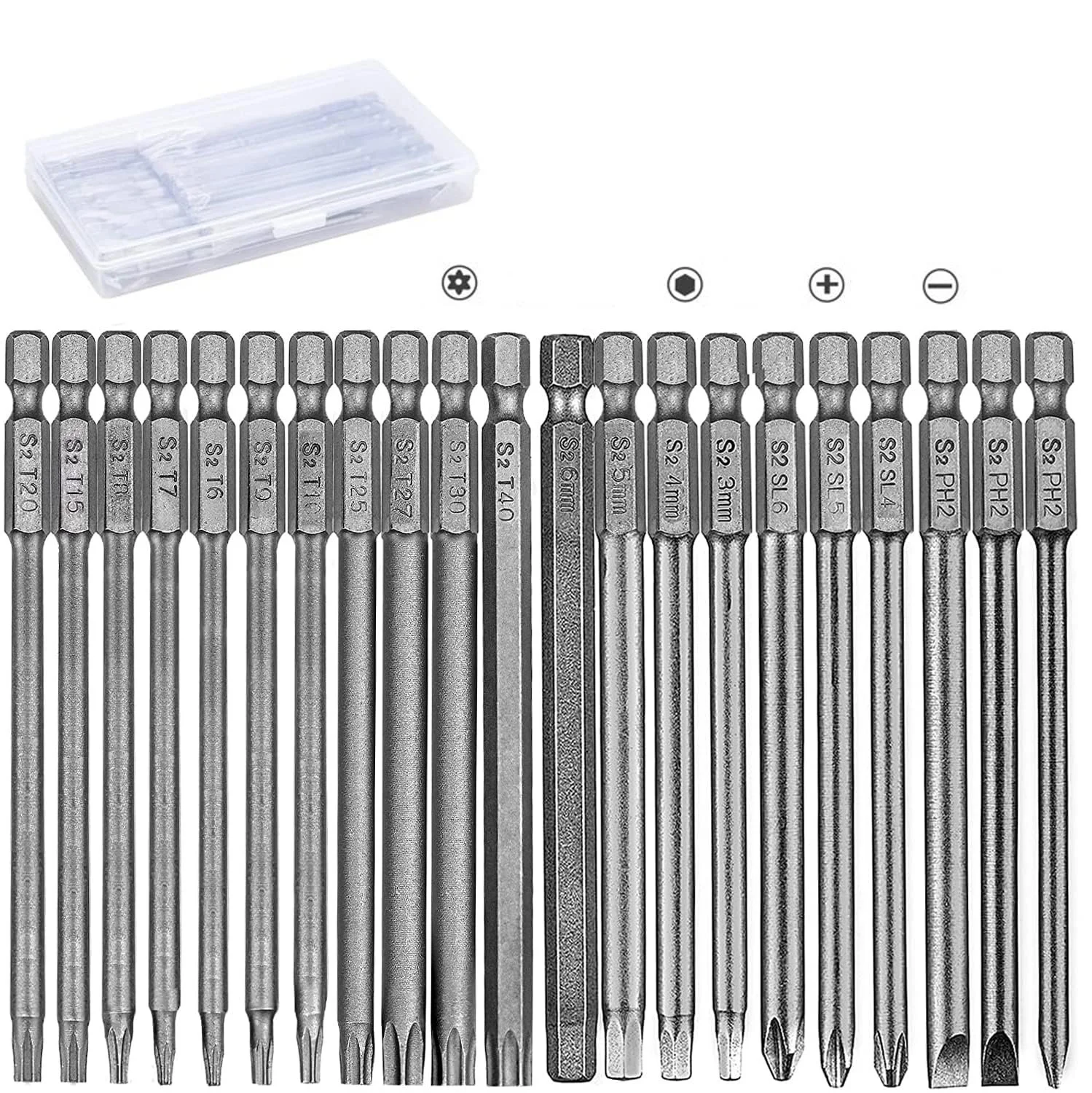 Набір викруткових біт Treki 21 шт 100 мм довгі Torx з отвором 6.35 мм шестигранник, фото №1
