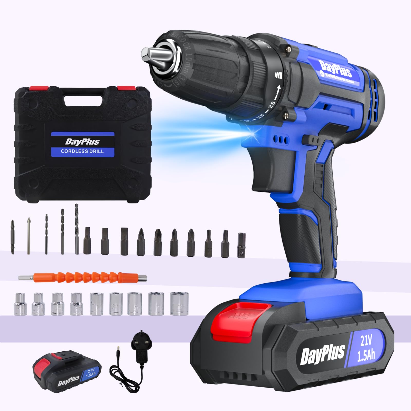 Бездротовий шуруповерт З комбінованим дрилем та 1 батареєю 1500 mAh і швидким зарядним пристроєм 0-400/0-1400 об/хв 2 швидкості 25+1 налаштування крутного моменту 3/8-дюймовий безключовий патрон, фото №1