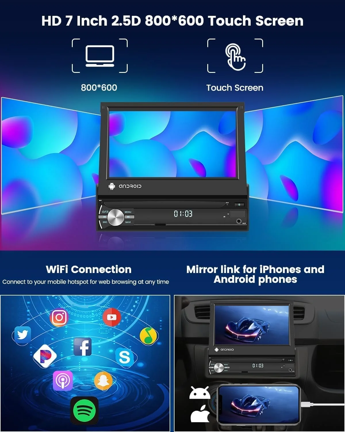 Автомагнитола Hikity / 7" / Сенсорная / 2/16Гб / Android 12 / Bluetooth / WI-FI / GPS / USB / AUX / 1DIN, фото №2