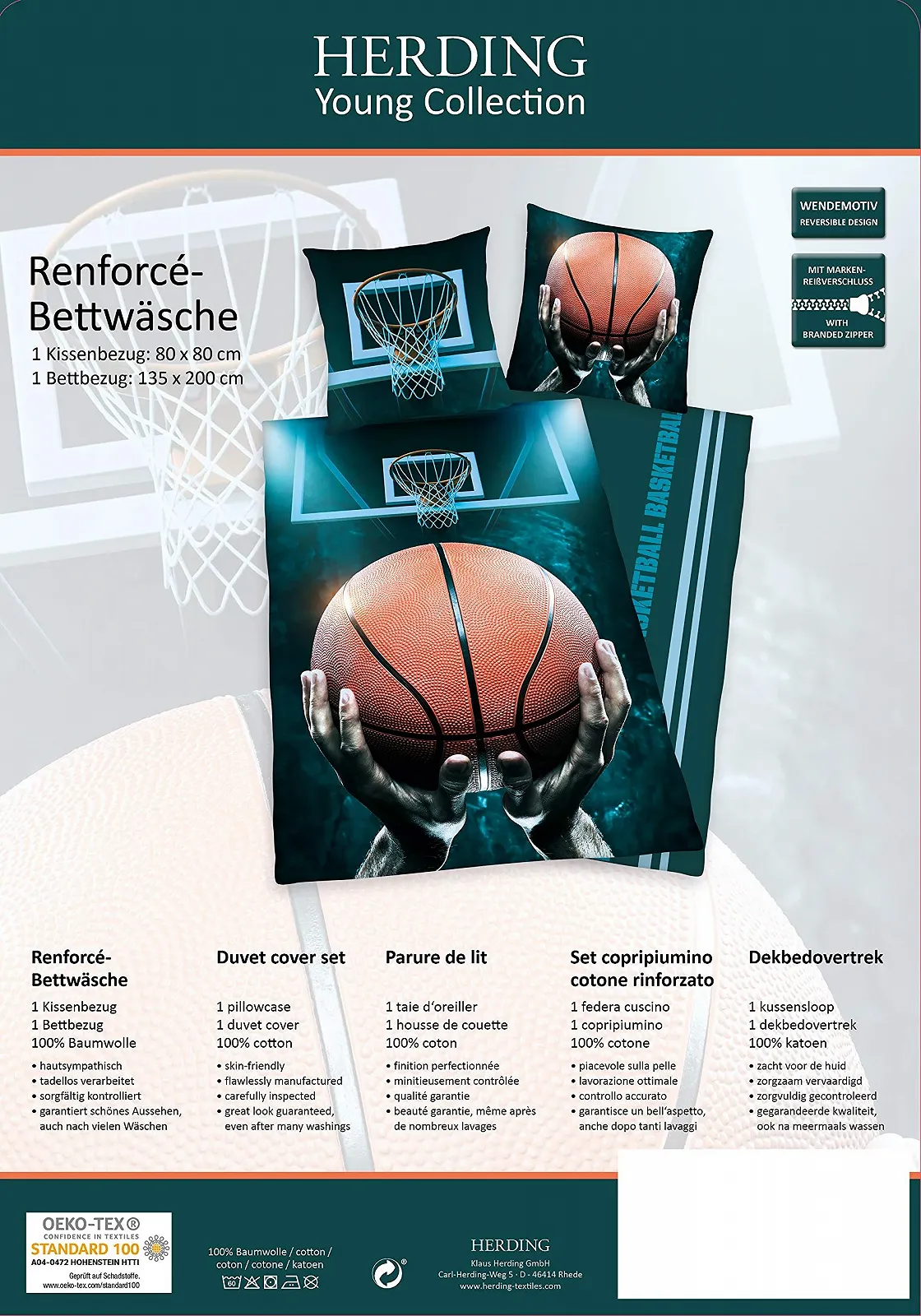 Постельное белье детское Herding Young Collection Basketball 135 x 200 см + 80 x 80 см, хлопок Синий, фото №7