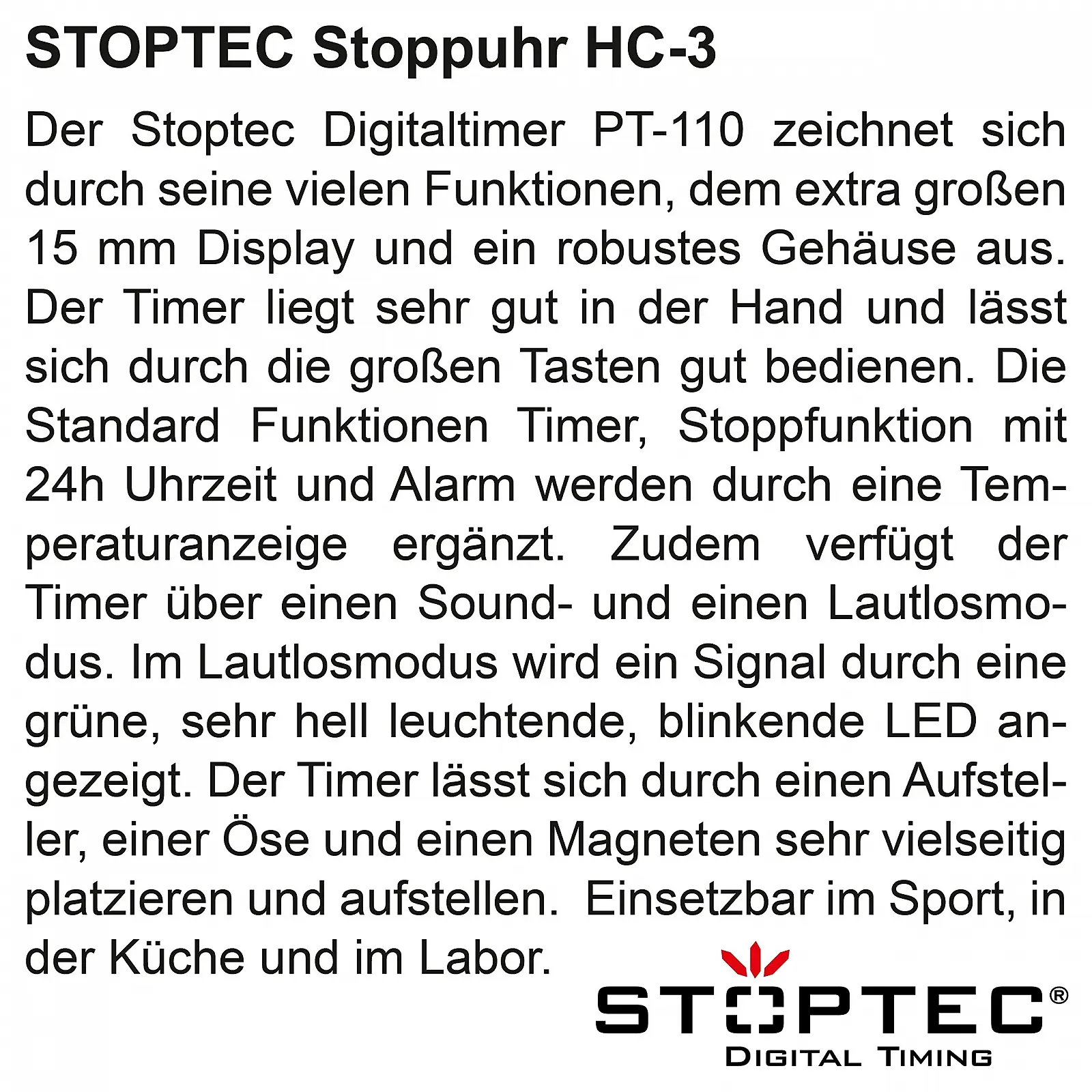 Цифровой таймер STOPTEC PT-110 Обратный отсчет Секундомер Время и будильник Температура Спорт и отдых Бесшумный Магнитный держатель, фото №4