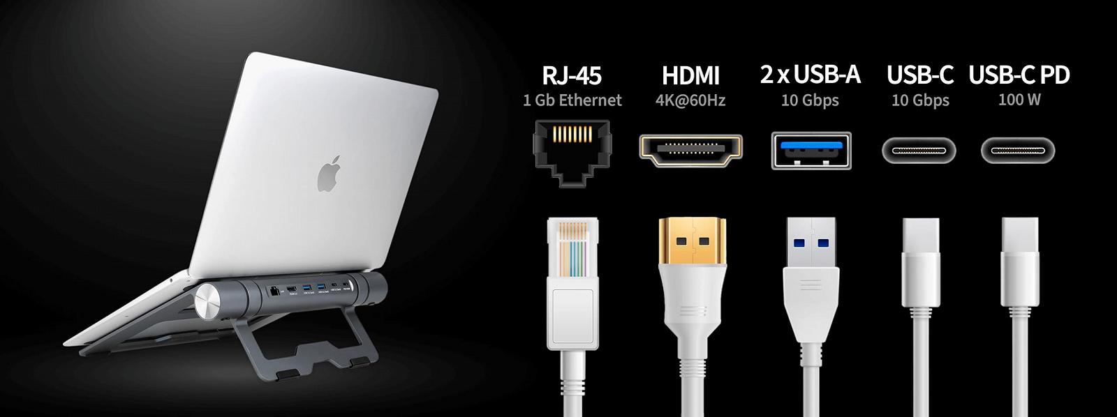 Підставка для ноутбука Reagle Регульована Складна MacBook HUB HDMI Живлення 100 Вт LAN USB-C Алюміній 10 Гбіт/с Plug and Play (Сріблястий), фото №7